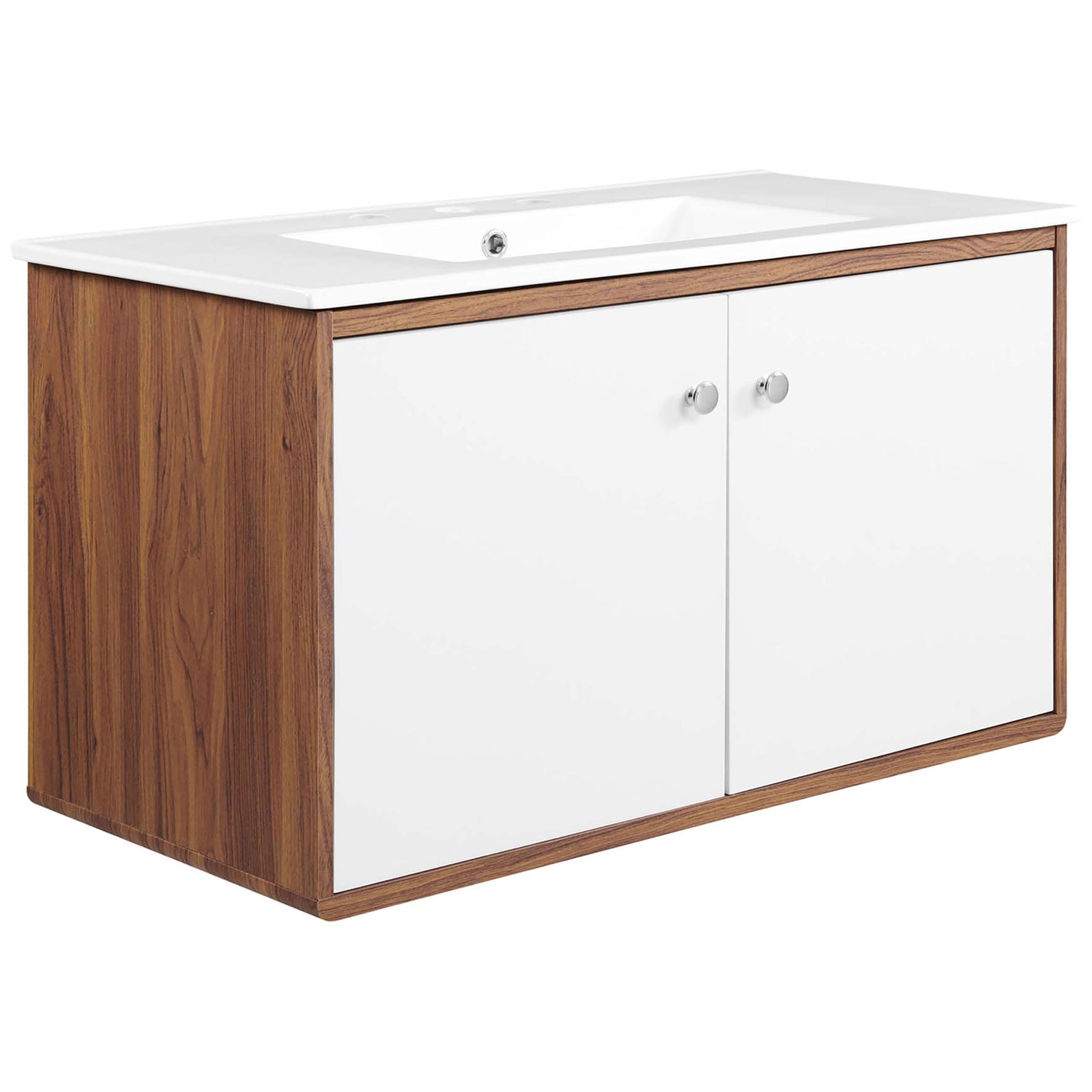 Generous-width vanity blends walnut grain sides with clean white doors and chrome pulls. || EEI-4434-WAL-WHI || front_angle_studio