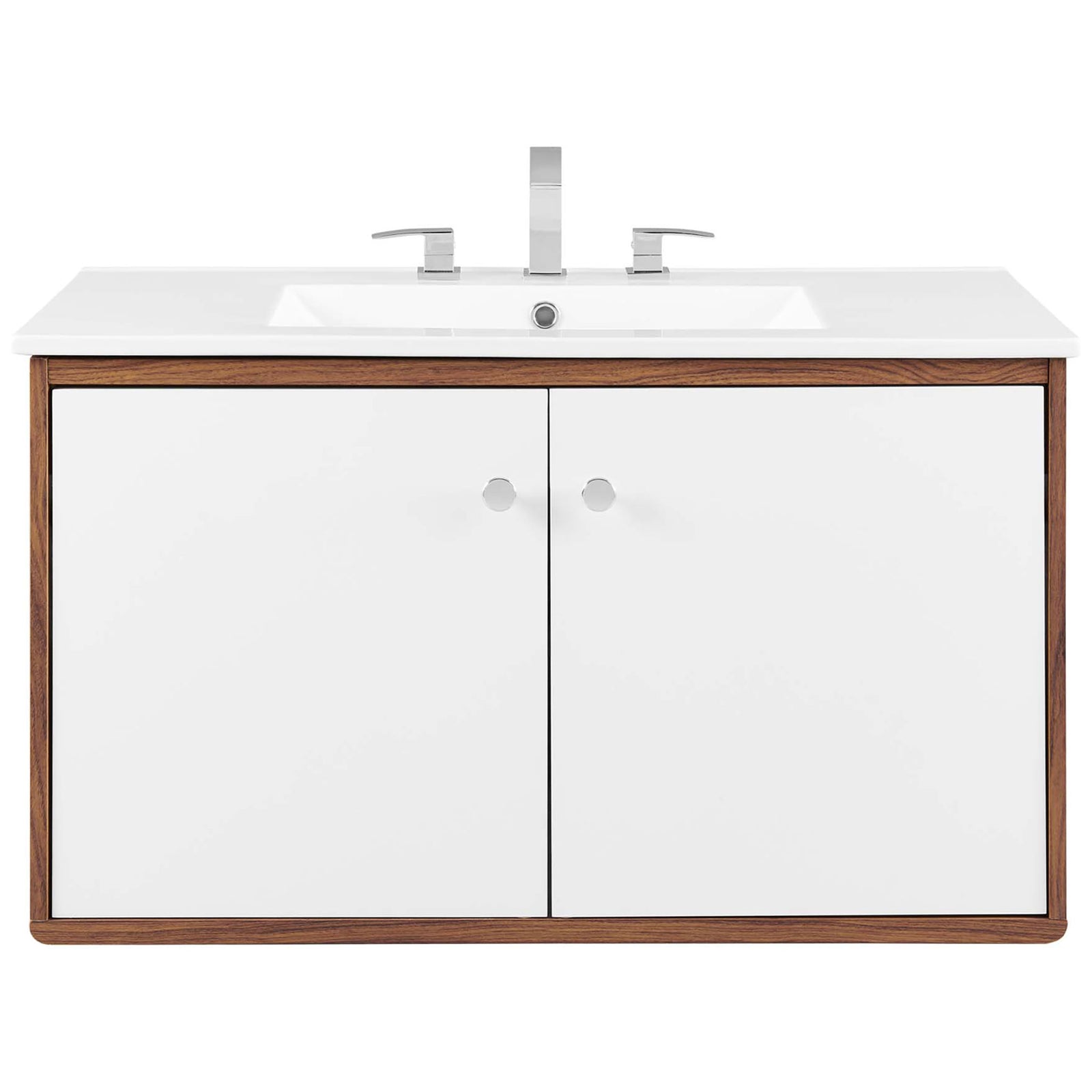 Integrated ceramic countertop and rectangular basin complete the sleek, modern profile. || EEI-4434-WAL-WHI || front_studio