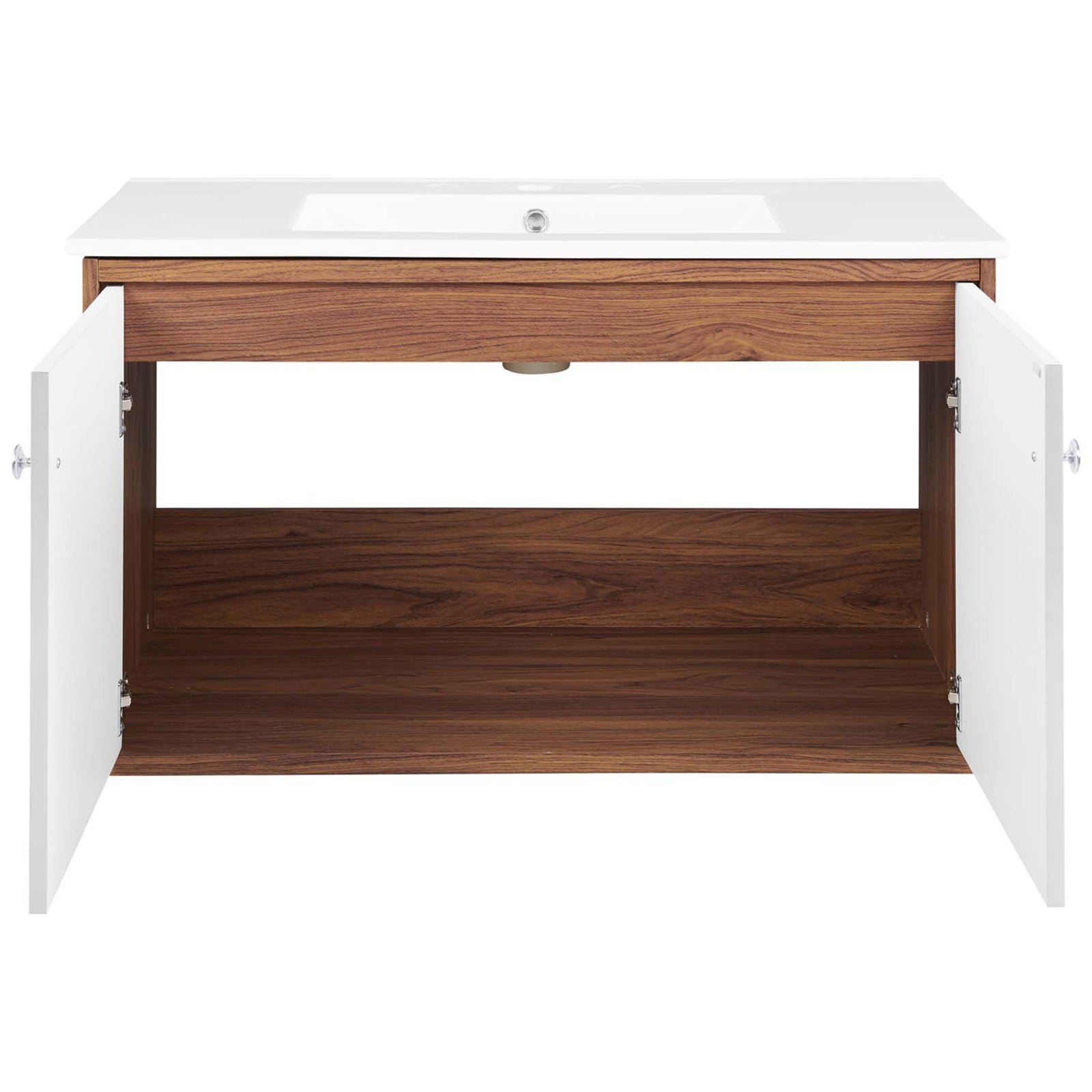 Expansive cabinet interior keeps larger bath items neatly tucked away. || EEI-4434-WAL-WHI || front_open_studio