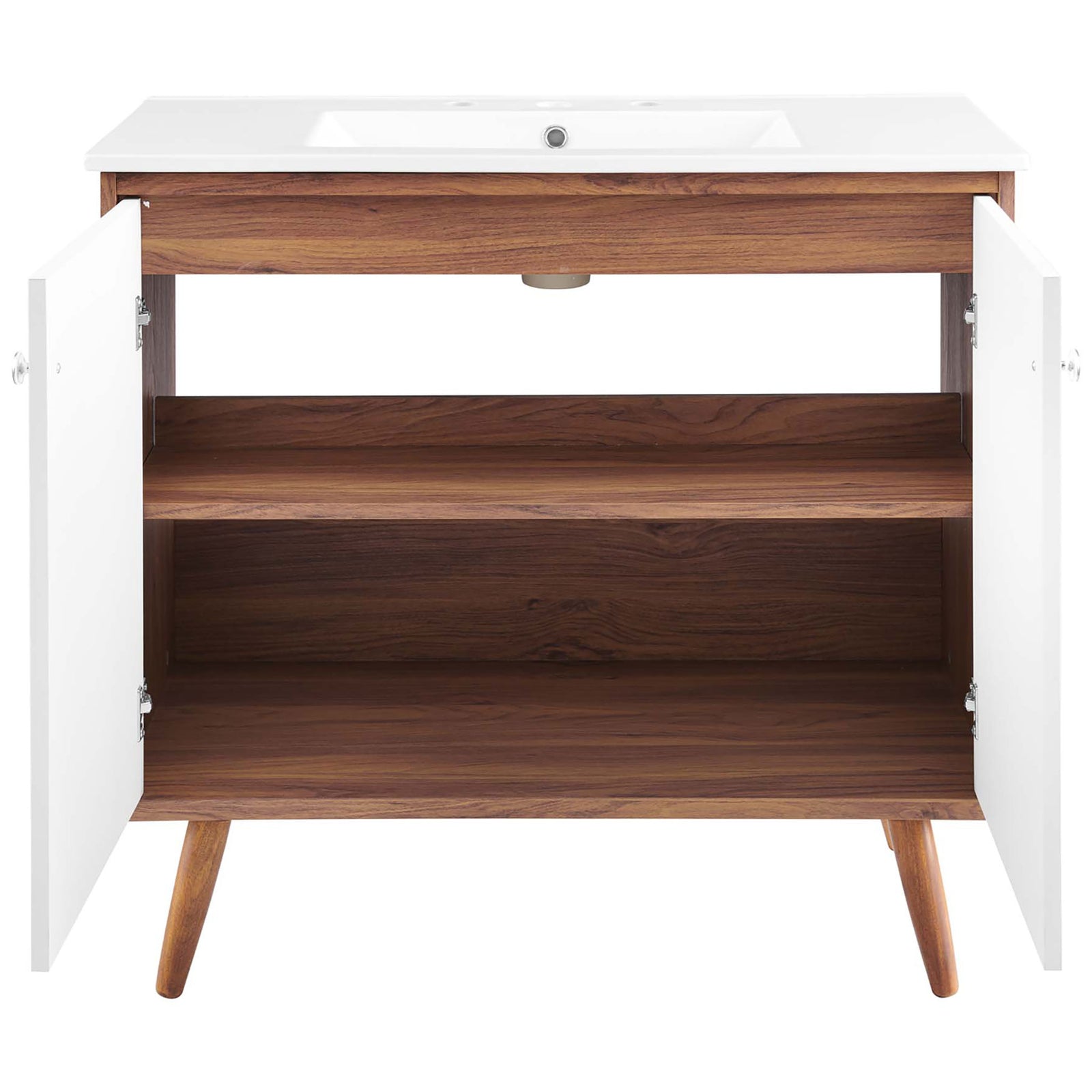 Generous interior storage with shelf behind soft-close doors keeps clutter out of sight. || EEI-4435-WAL-WHI || front_open_studio