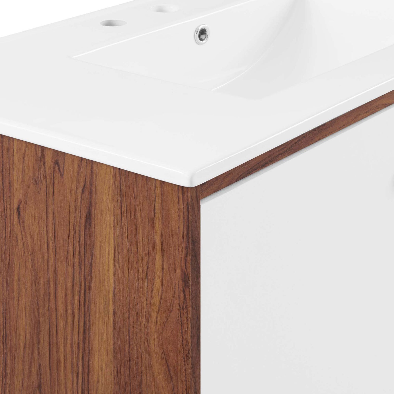 Walnut veneer and glossy ceramic sink deliver a polished, modern finish. || EEI-4435-WAL-WHI || detail_studio