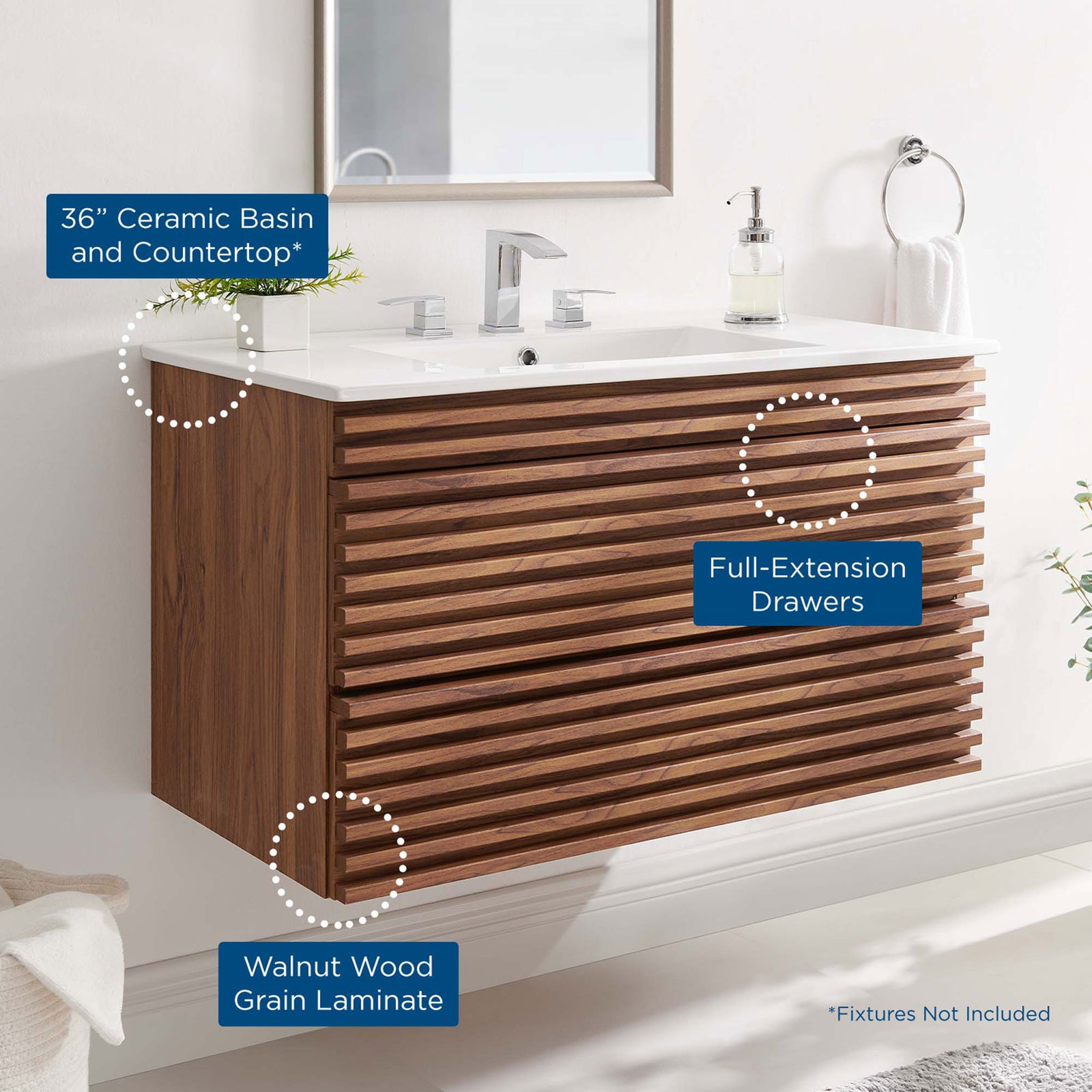 Feature callouts spotlight the ceramic basin, full-extension drawers, and walnut grain laminate. || EEI-4436-WAL-WHI || callout_room