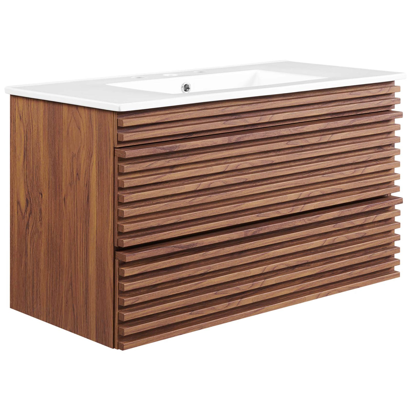 Bold horizontal slats and smooth walnut grain define this streamlined 36-inch vanity with ceramic basin. || EEI-4436-WAL-WHI || front_angle_studio