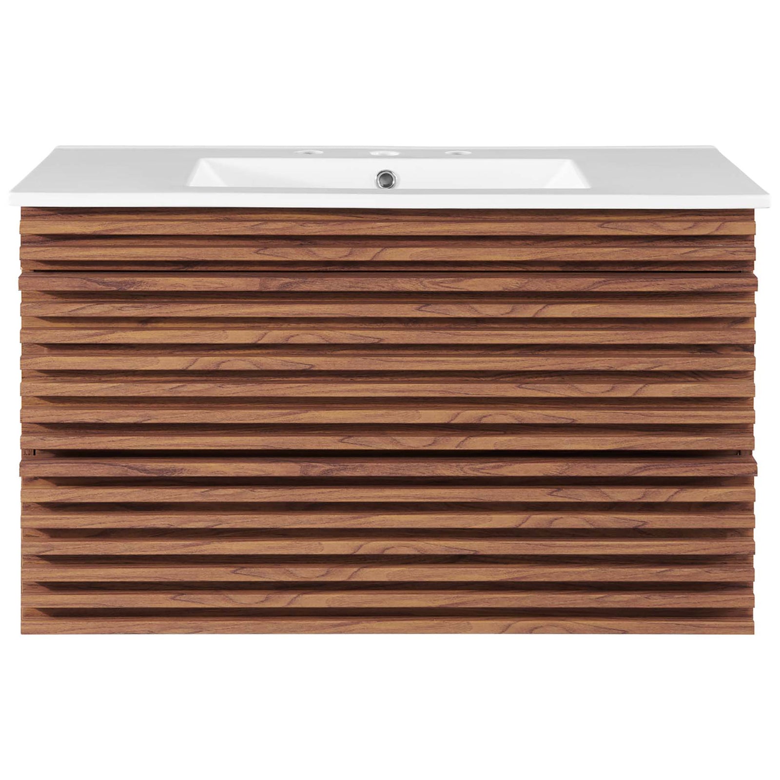 Mid-century 36-inch wall-mounted vanity with slatted walnut front and integrated ceramic sink. || EEI-4436-WAL-WHI || front_studio