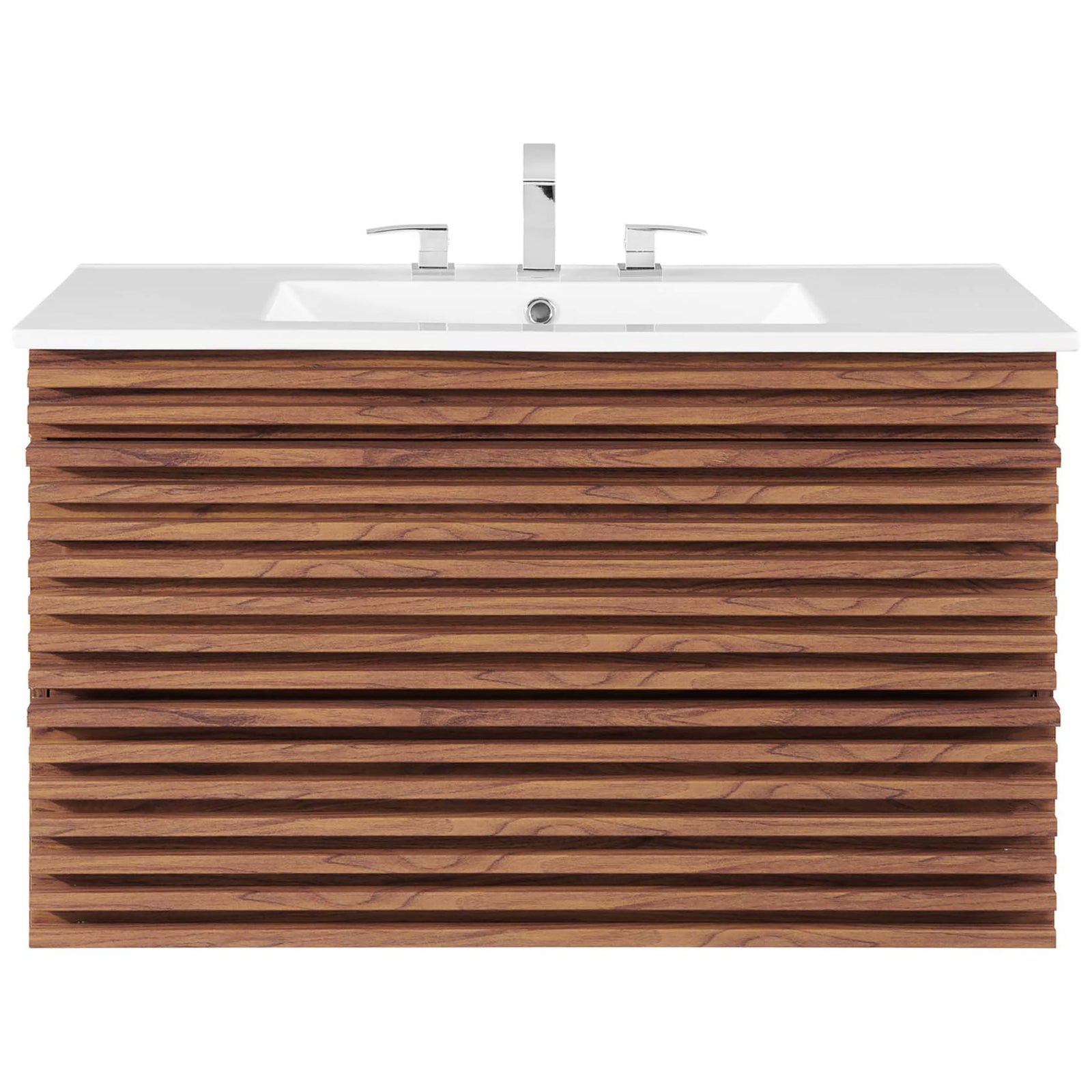 36-inch floating vanity with walnut slat facade and crisp white ceramic top, faucet shown. || EEI-4436-WAL-WHI || front_studio