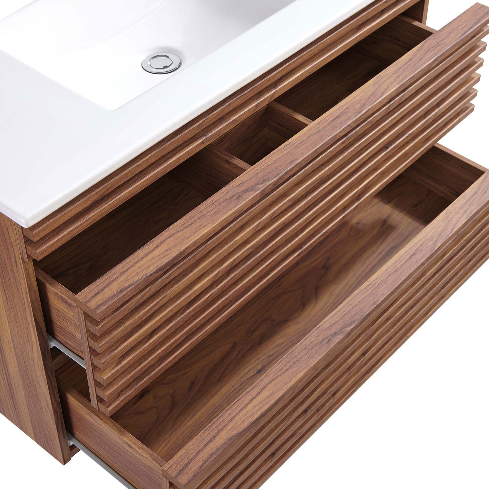 Divided upper drawer and deep lower drawer keep bathroom essentials organized in the 36-inch vanity. || EEI-4436-WAL-WHI || storage_open_studio