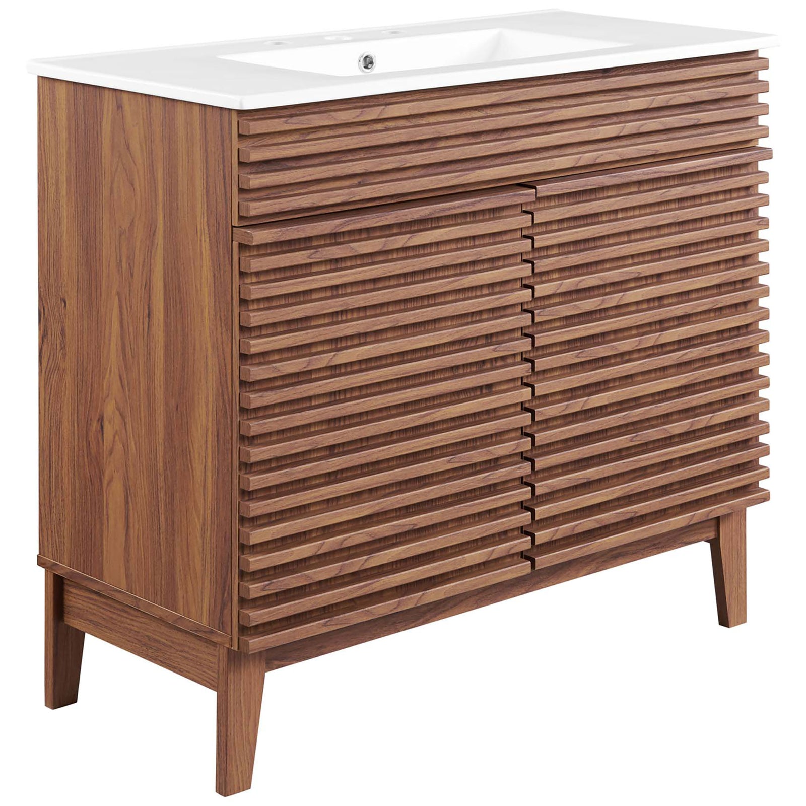 Wide walnut-grain vanity with slatted doors and tapered legs for statement mid-century style. || EEI-4437-WAL-WHI || front_angle_studio