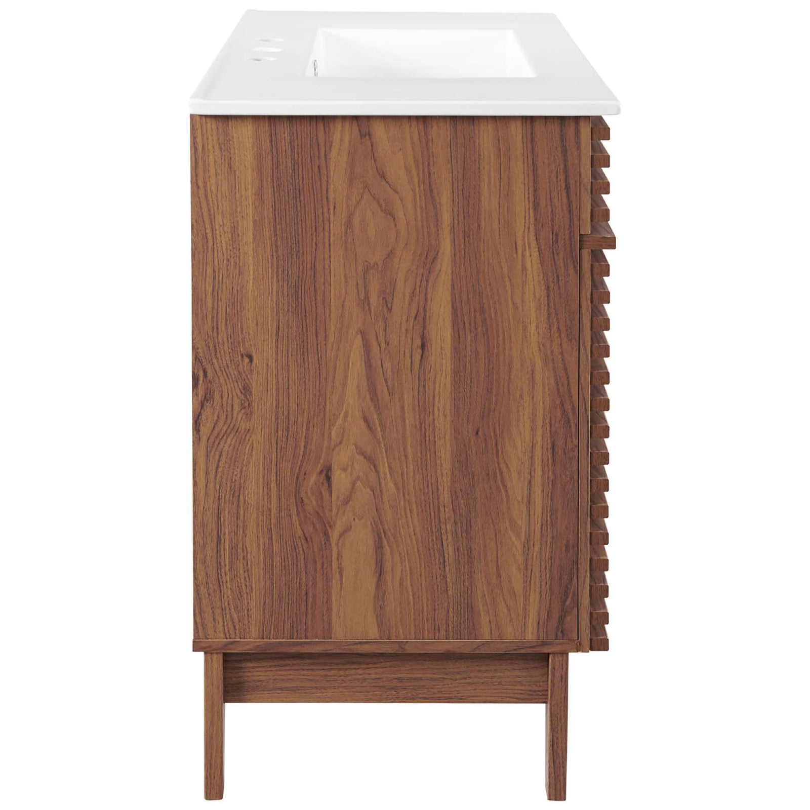Smooth side profile shows clean walnut laminate and sturdy raised base. || EEI-4437-WAL-WHI || side_studio