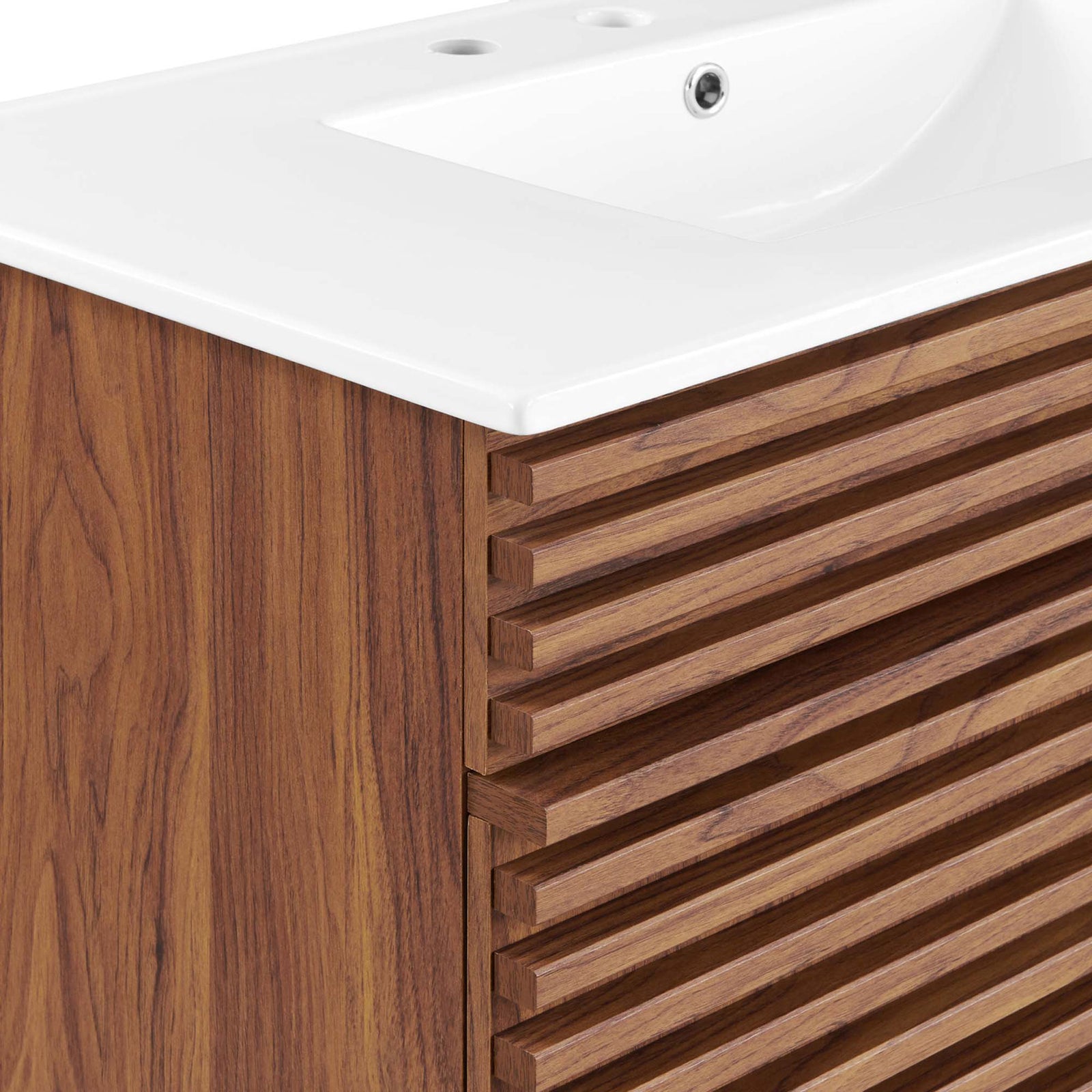 Glossy counter meets textured walnut slats with refined edge transitions. || EEI-4437-WAL-WHI || detail_studio