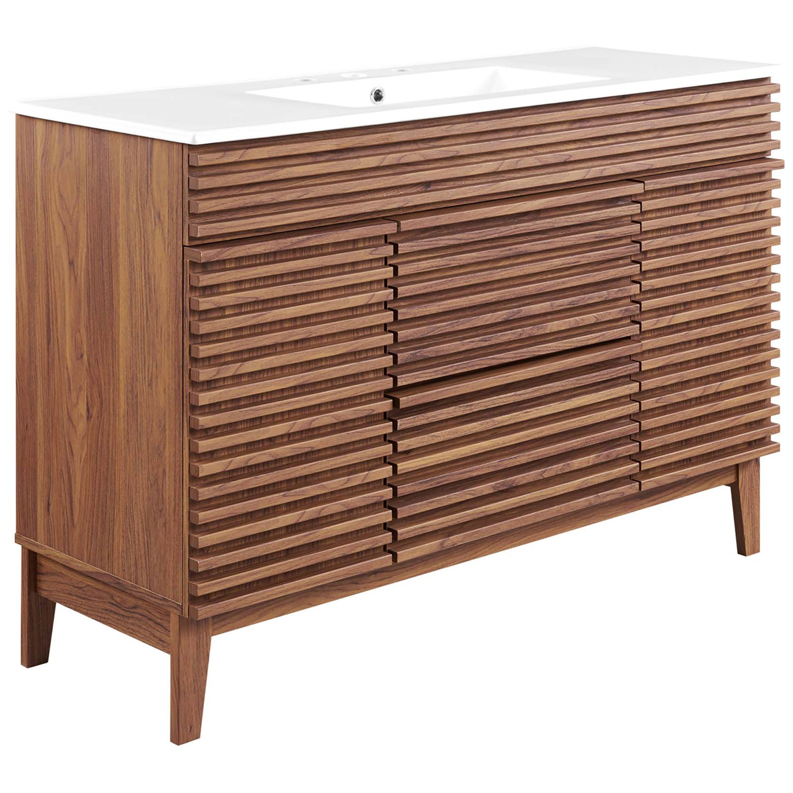 Mid-century vanity with ribbed walnut facade, tapered legs, and integrated white ceramic sink. || EEI-4439-WAL-WHI || front_angle_studio
