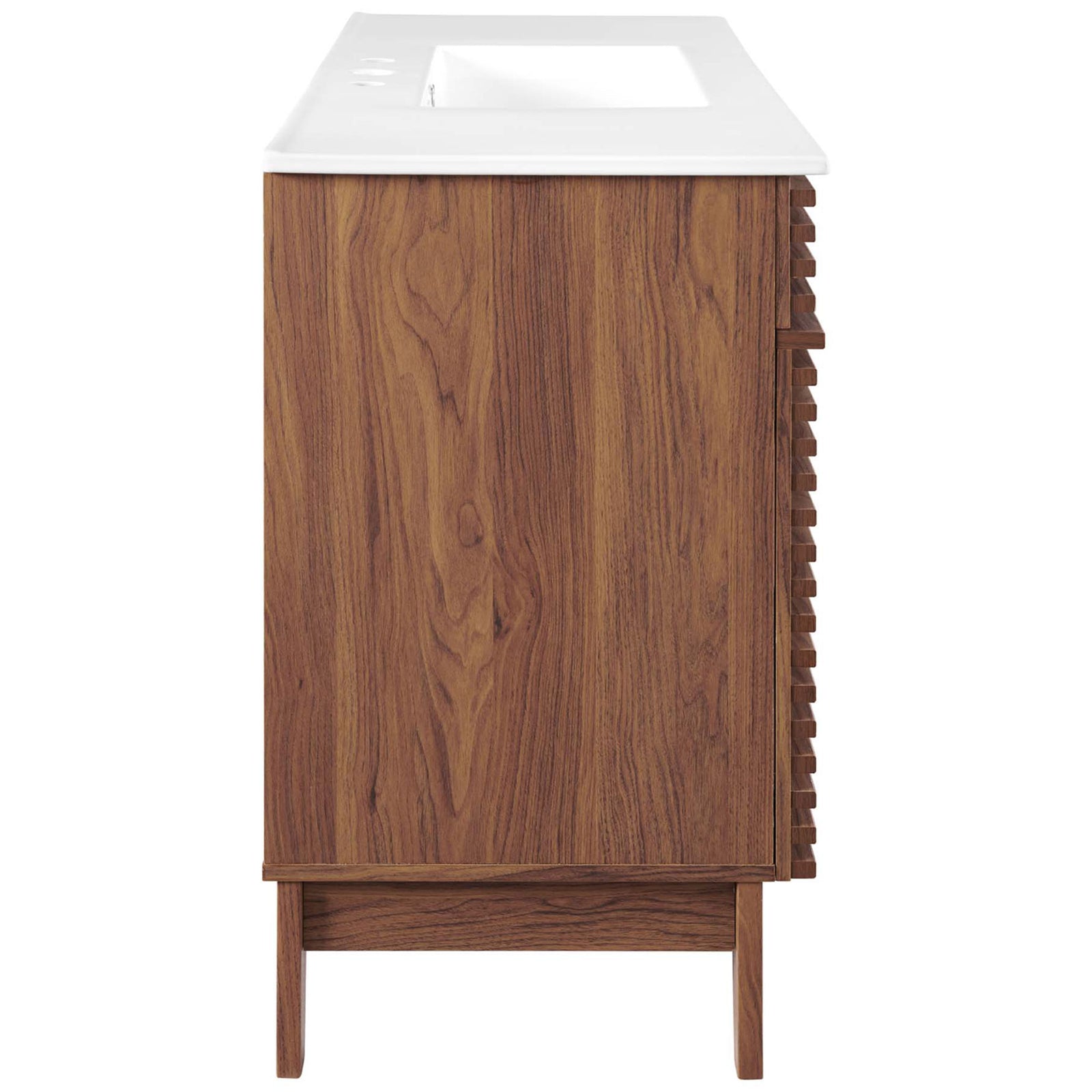 Walnut wood grain laminate cabinet with clean lines and tapered legs beneath a white ceramic top. || EEI-4439-WAL-WHI || side_studio
