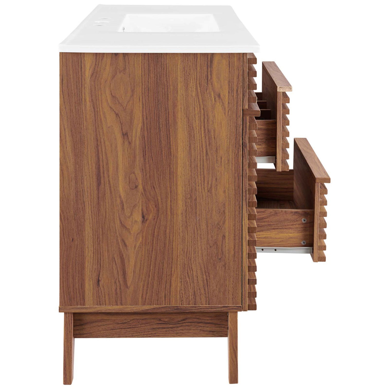 Full-extension drawers glide smoothly, revealing divided storage within the walnut slatted face. || EEI-4439-WAL-WHI || side_open_studio