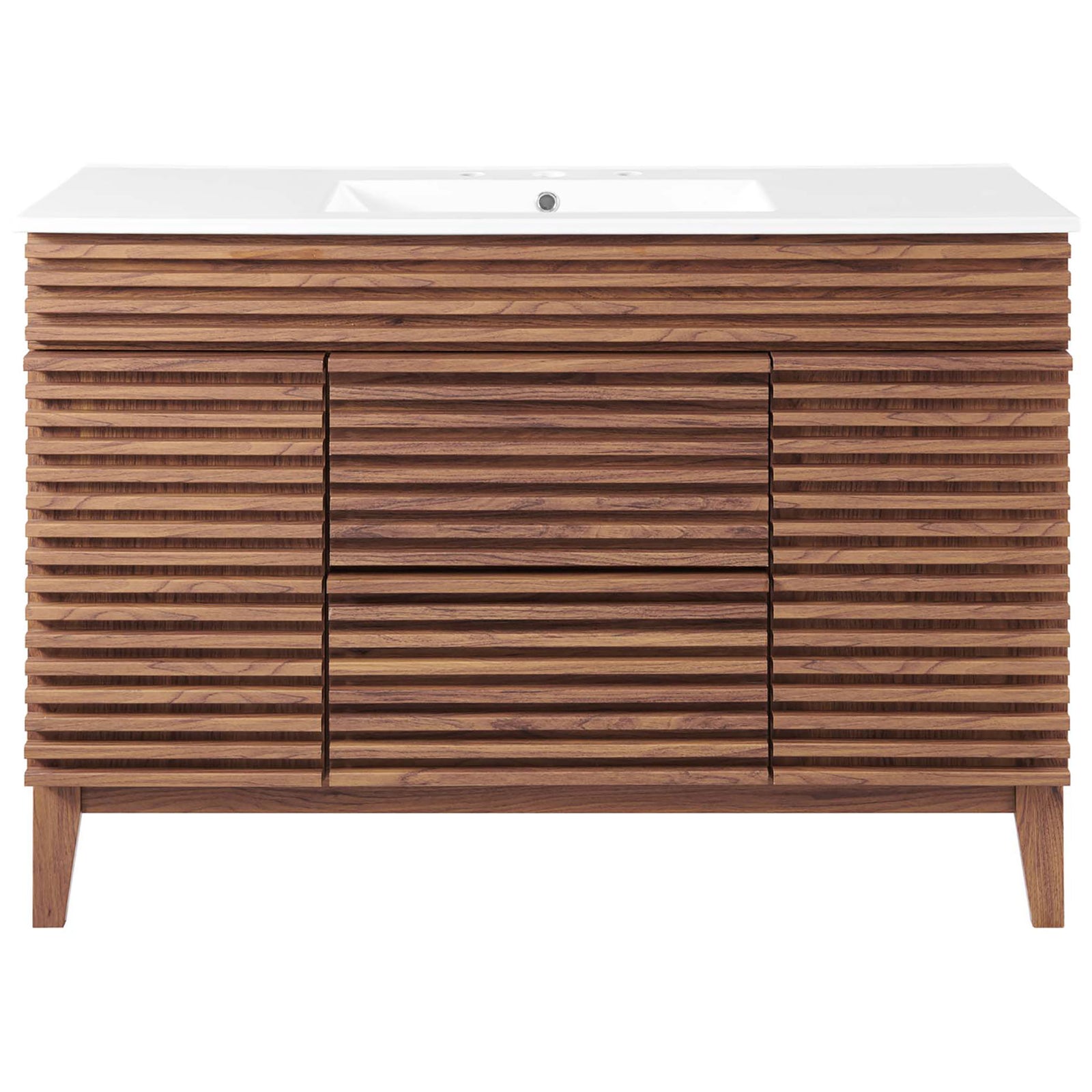Sleek slatted walnut vanity with centered drawers, soft-close doors, and integrated rectangular sink. || EEI-4439-WAL-WHI || front_studio