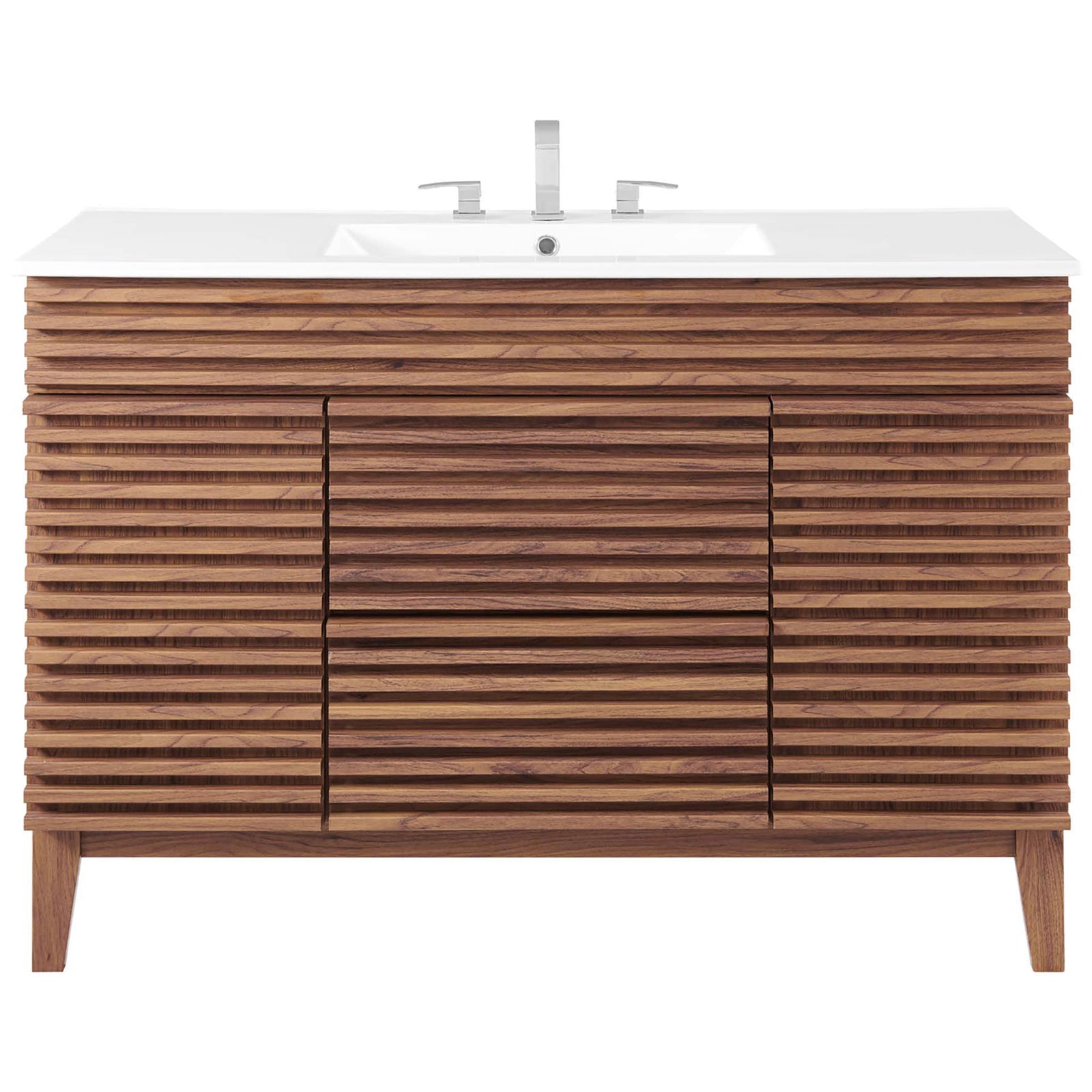 White ceramic countertop with rectangular basin crowns the slatted walnut vanity for a crisp modern finish. || EEI-4439-WAL-WHI || front_studio