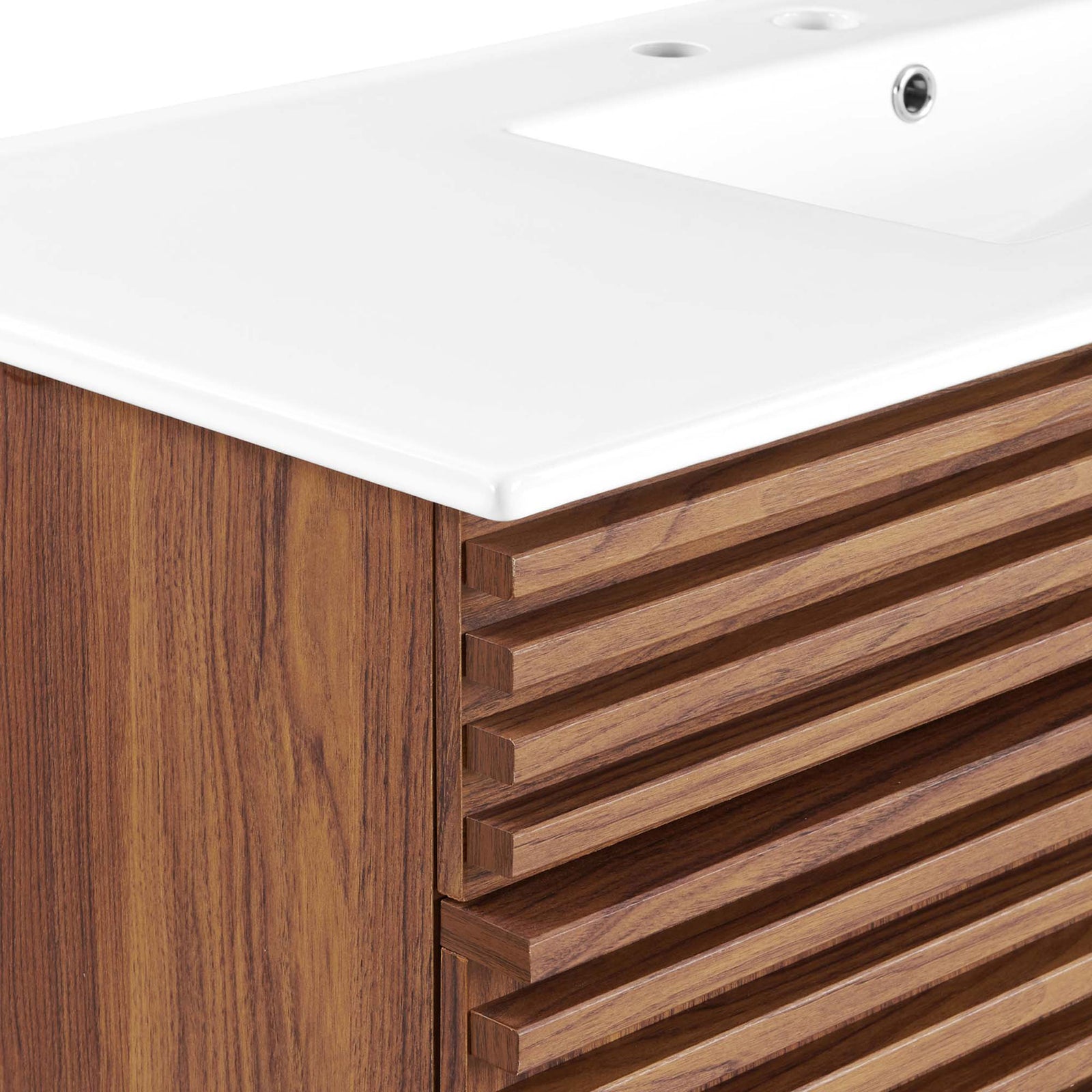 Crisp white ceramic edge meets ribbed walnut detailing for a refined mid-century look. || EEI-4439-WAL-WHI || detail_studio