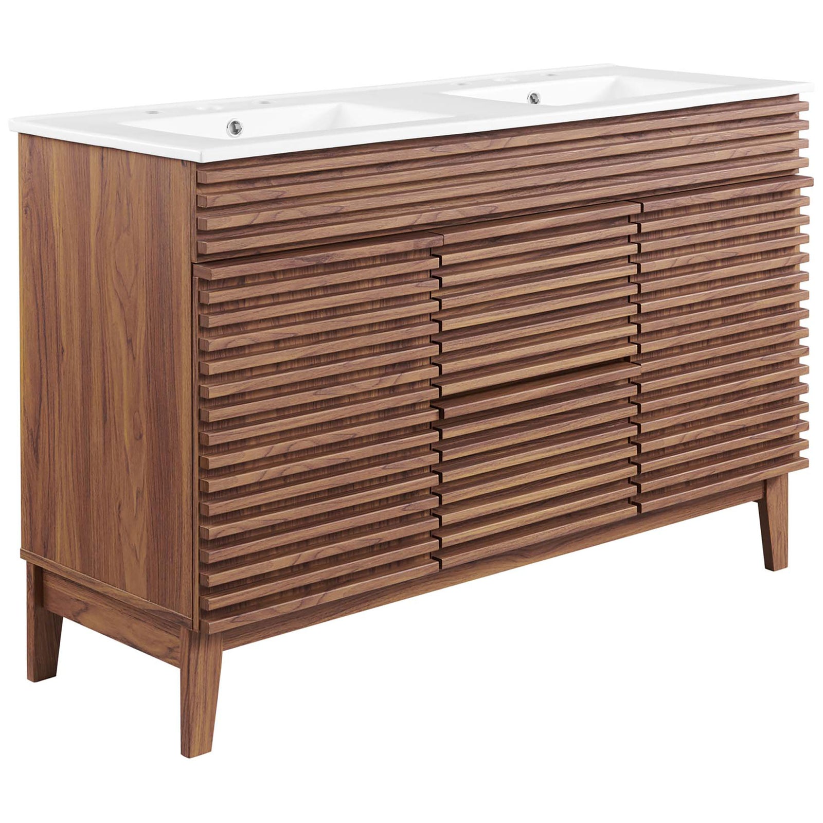 Walnut wood-grain double vanity with integrated white top and mid-century slatted front || EEI-4441-WAL-WHI || front_angle_studio