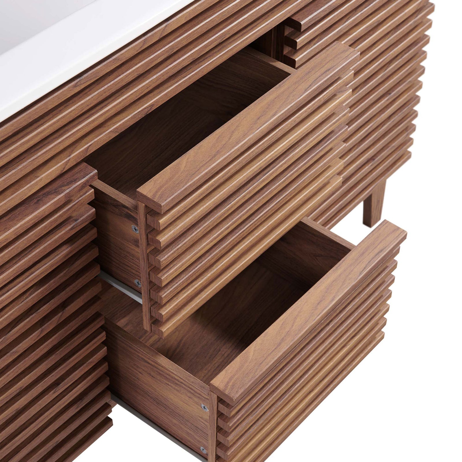 Full-extension drawers with textured slat fronts keep toiletries within easy reach || EEI-4441-WAL-WHI || storage_open_studio