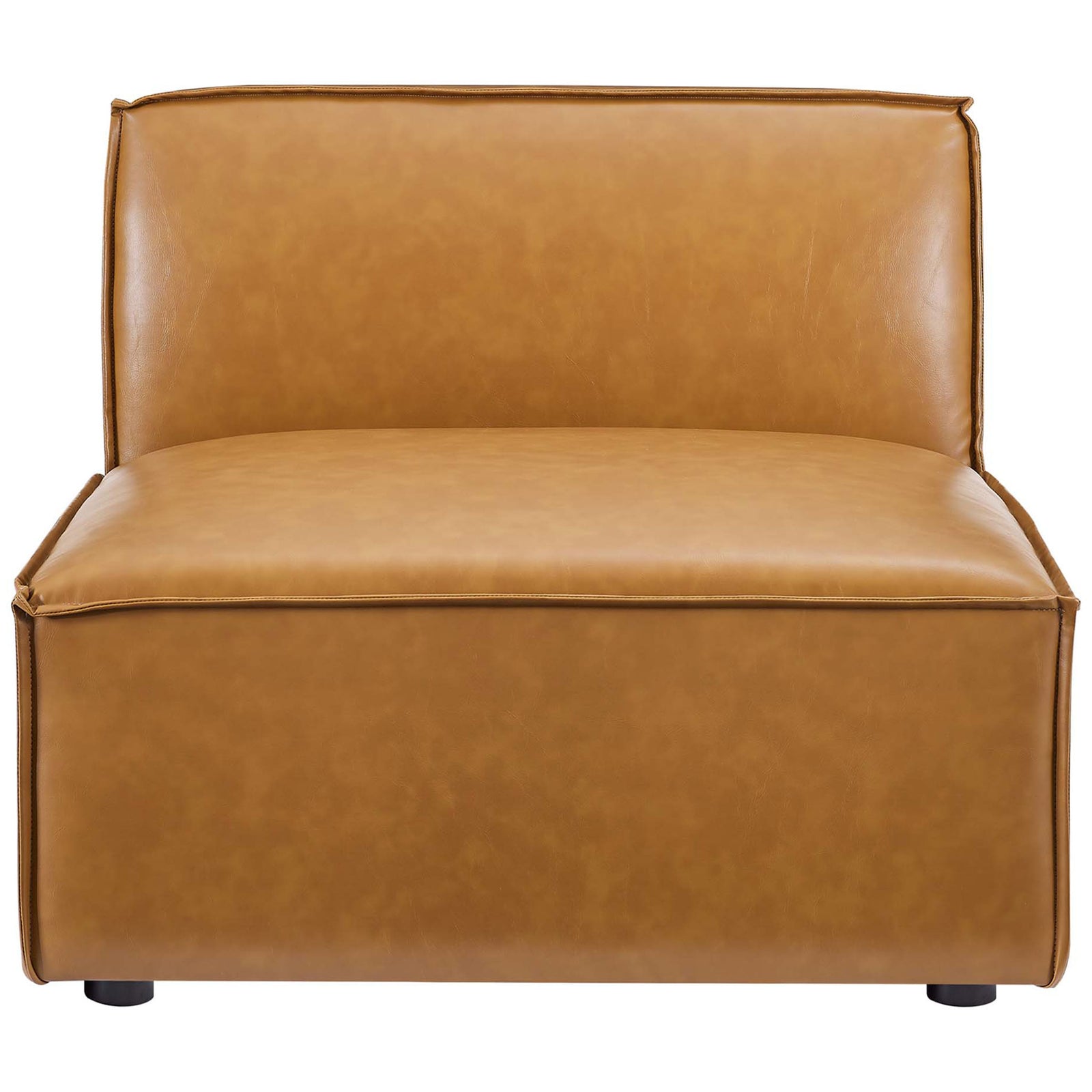 Armless tan vegan leather chair with clean lines, French piping, and a deep, generously cushioned seat. || EEI-4495-TAN || front_studio
