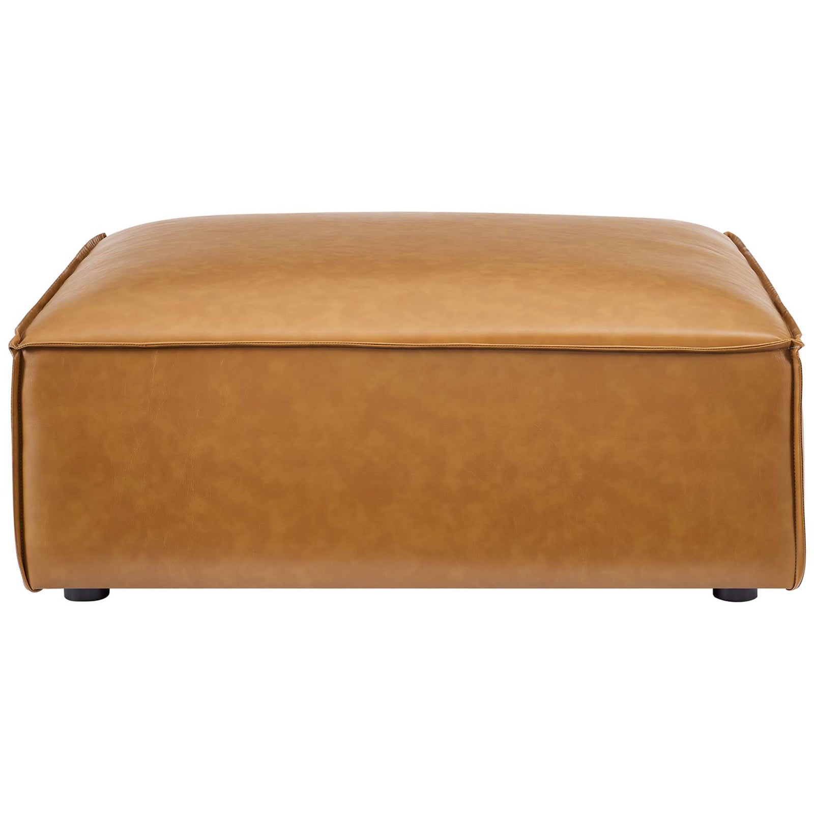 Clean-lined tan vegan leather ottoman showcasing smooth upholstery and neatly finished seams || EEI-4496-TAN || back_studio