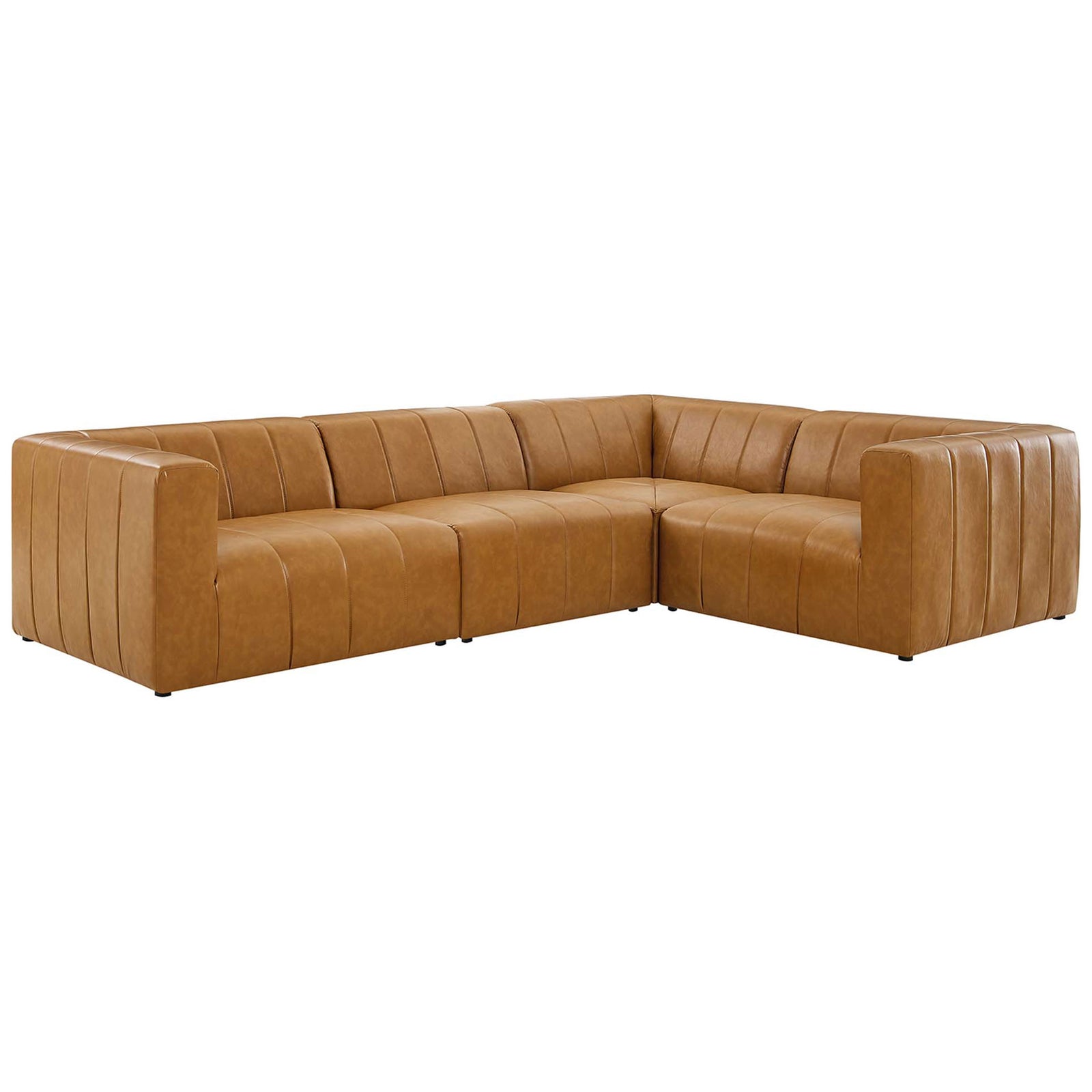 Tan Bartlett vegan leather 4 piece sectional sofa with deep channel tufting and wraparound arms || EEI-4519-TAN || front_angle_studio