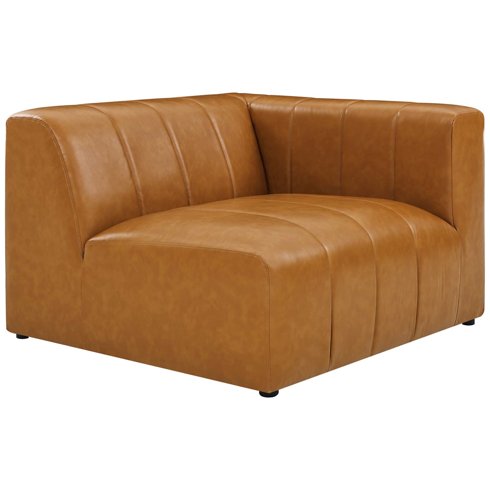 Tan vegan leather modular corner seat with plush channel tufting and rounded silhouette || EEI-4521-TAN || front_angle_partial_studio