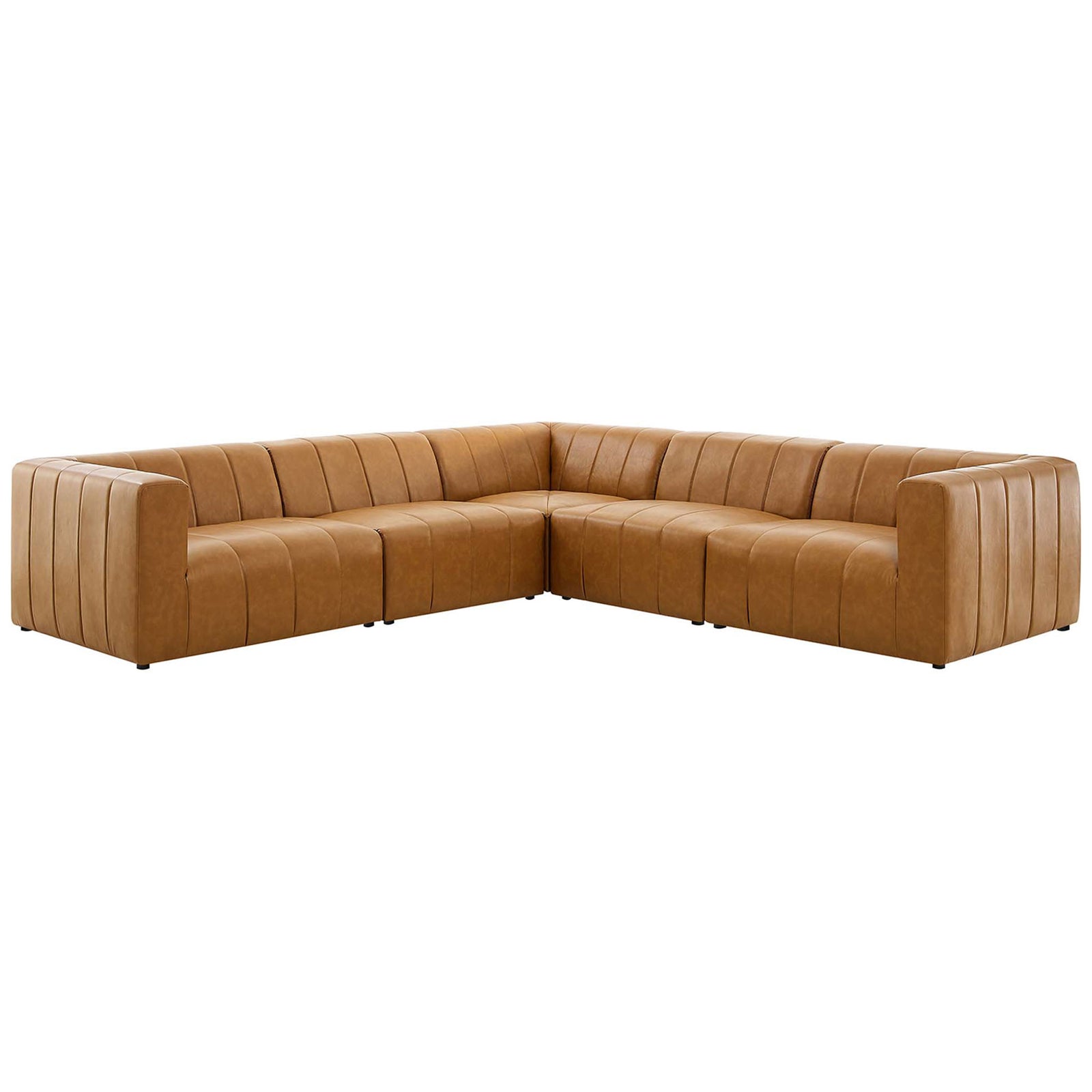 Tan Bartlett 5 piece vegan leather sectional sofa with low profile silhouette and channel tufted cushions || EEI-4532-TAN || front_angle_studio