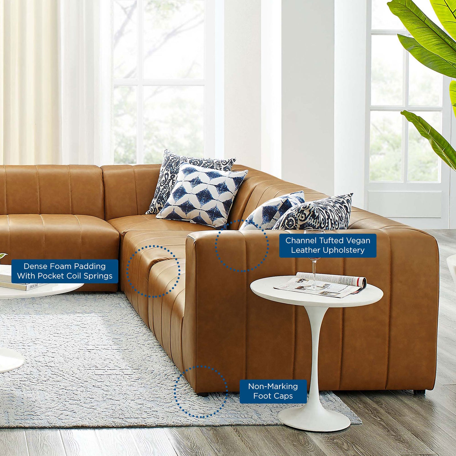 Tan Bartlett modular sectional sofa in a bright living room with feature callouts highlighted || EEI-4536-TAN || callout_room