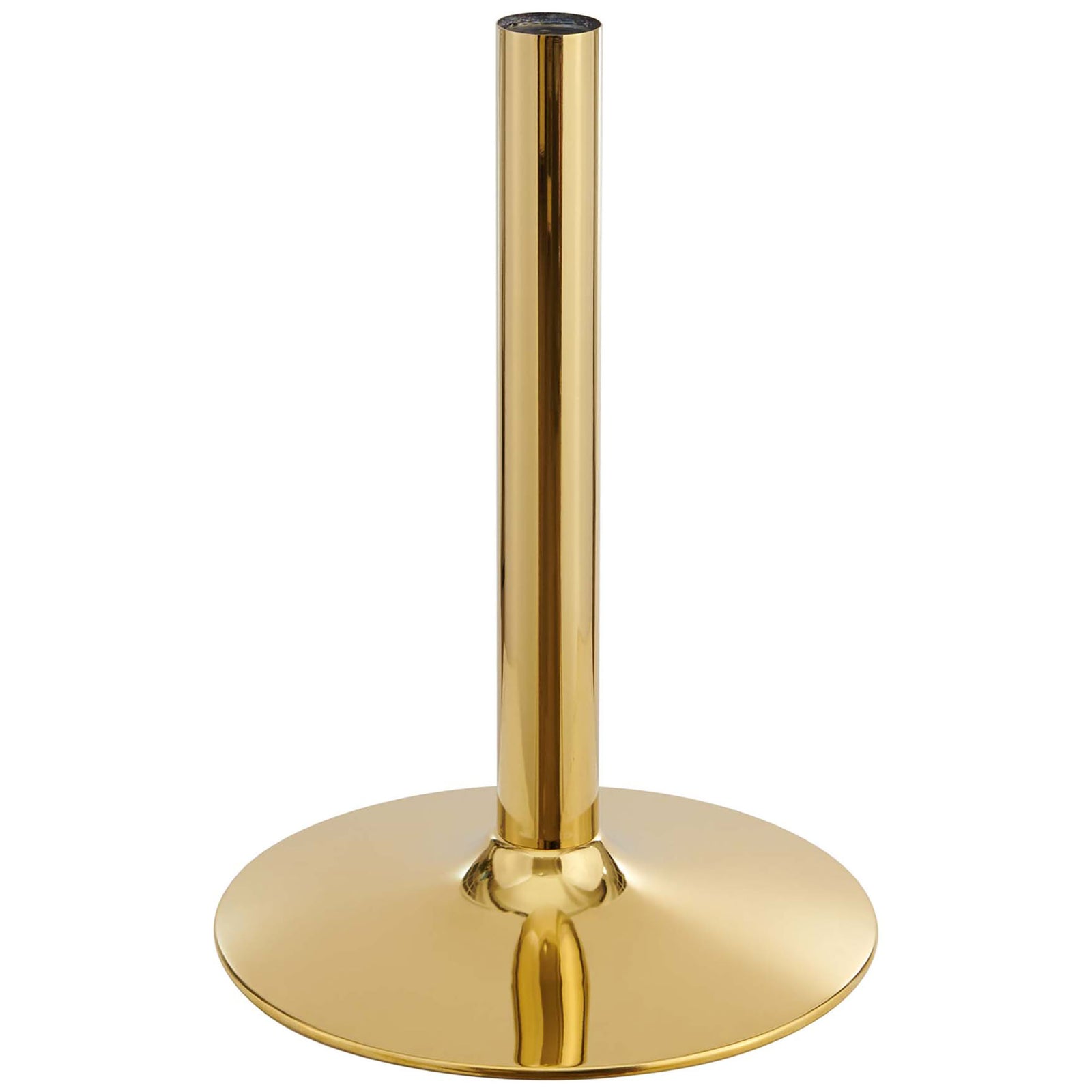 Polished gold metal pedestal and wide round base providing sturdy support for the Verne table || EEI-4544-GLD-WHI || leg_studio