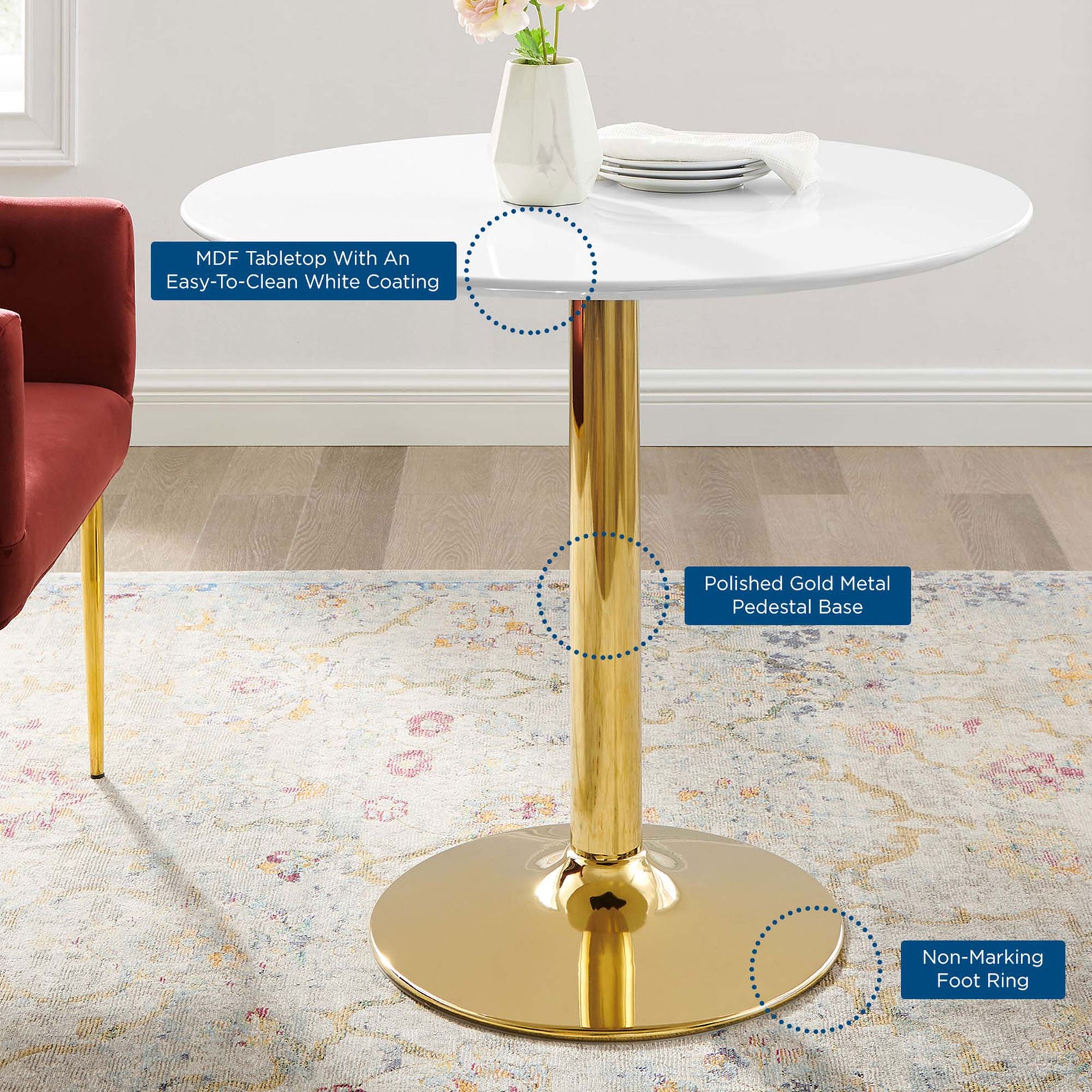 Verne 35-inch dining table styled in a bright room with callouts highlighting key features || EEI-4544-GLD-WHI || callout_room