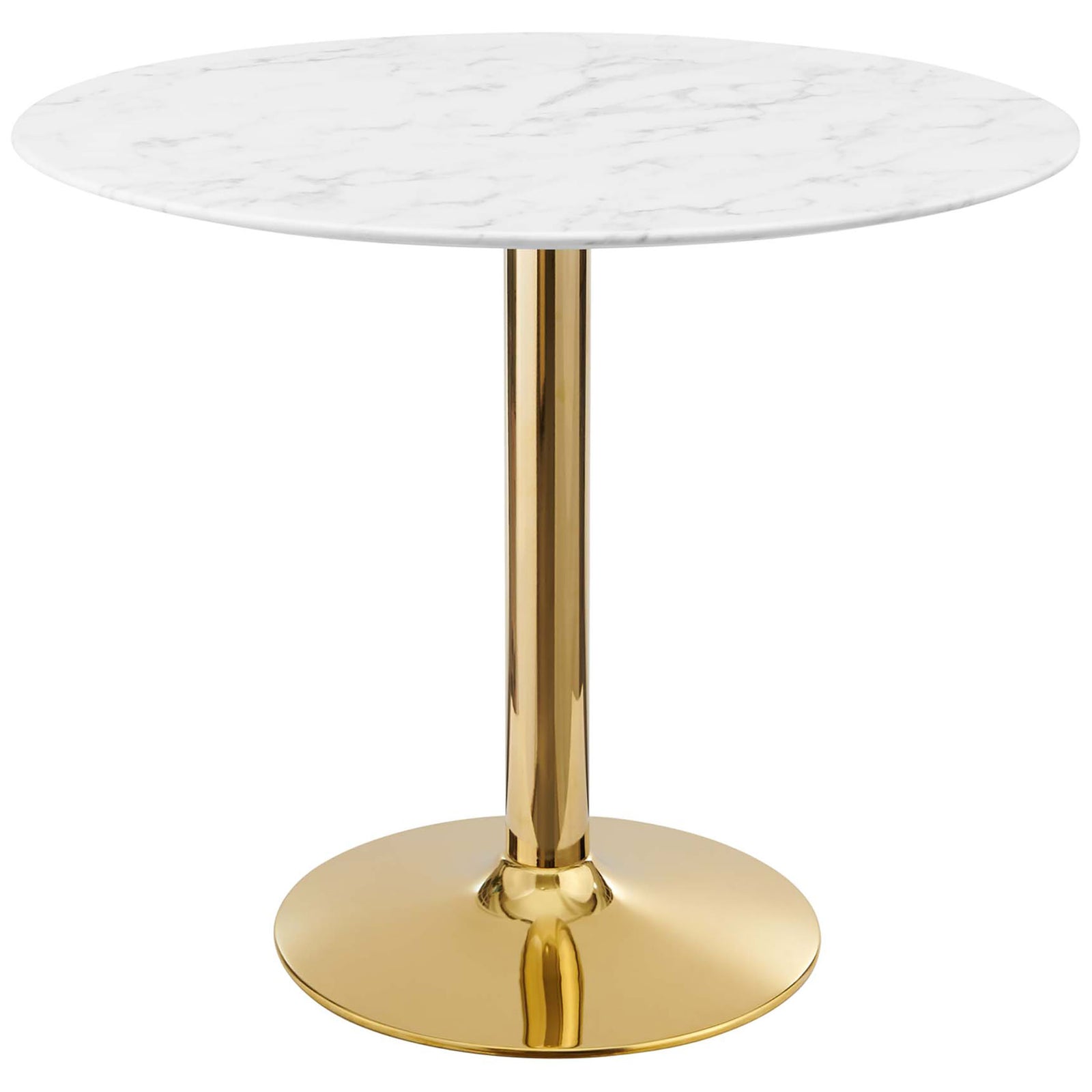 Compact round faux marble dining table with sleek gold pedestal base || EEI-4549-GLD-WHI || front_studio