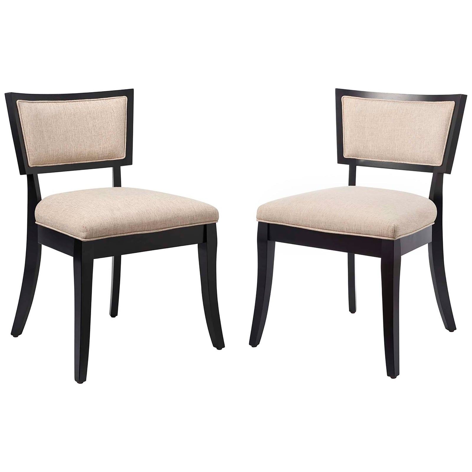 Set of two beige upholstered dining chairs with sleek black wood frames and tapered legs || EEI-4557-BEI || front_angle_multi_studio