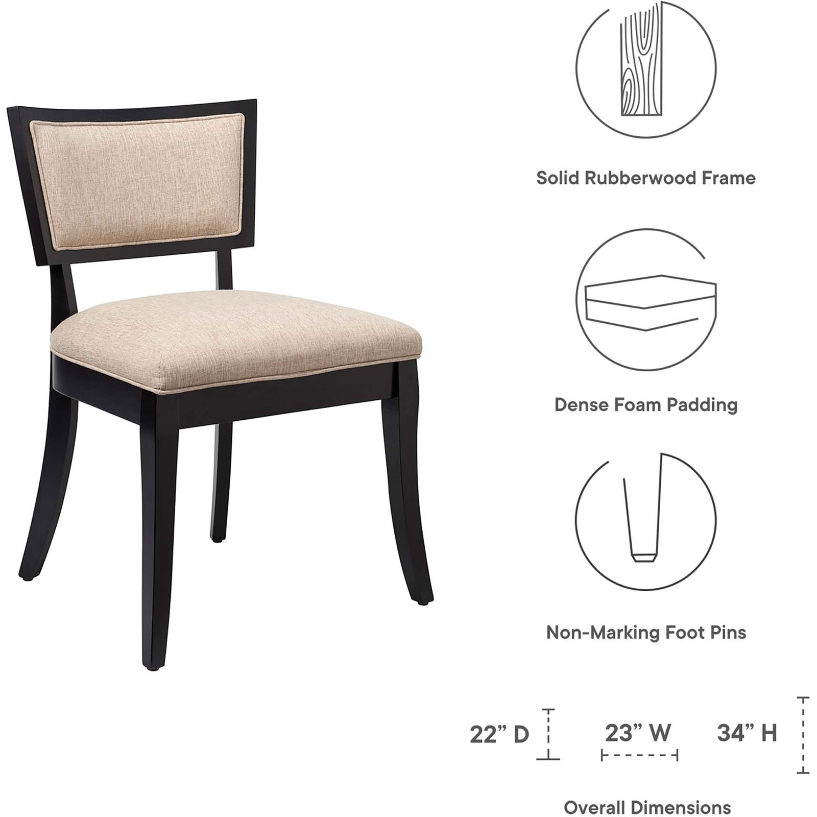 Dining chair with callouts for solid rubberwood frame, dense foam padding, non marking feet, and dimensions || EEI-4557-BEI || dimension_studio