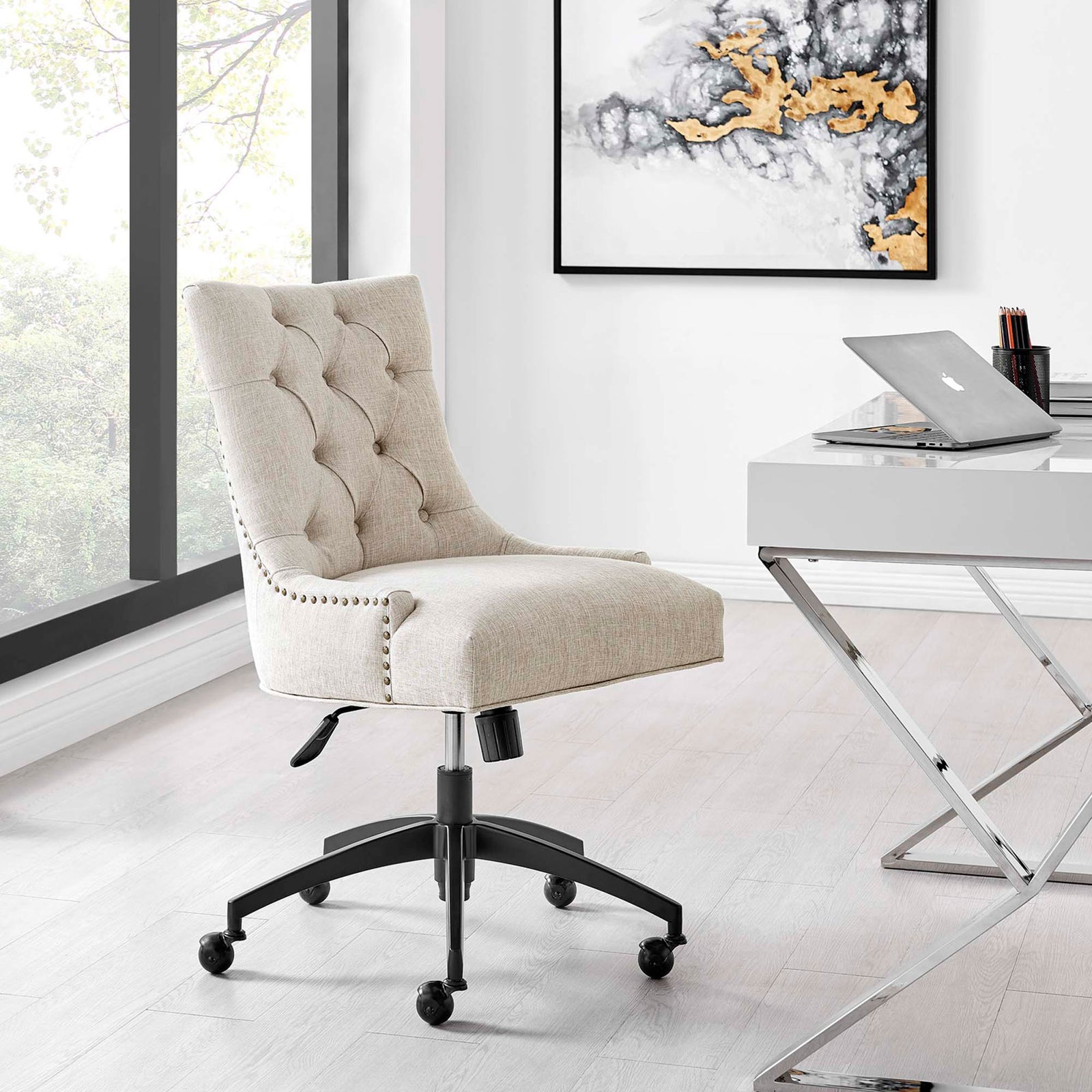 Tufted beige office chair by a sleek white desk, adding comfort and elegance to the workspace || EEI-4572-BLK-BEI || front_angle_room