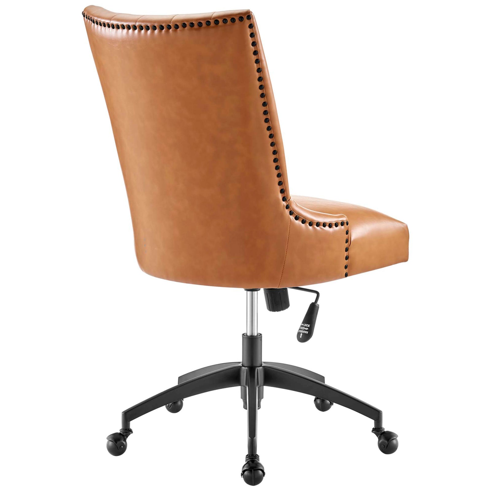 Tan vegan leather office chair showing full nailhead-trimmed back and tailored channel upholstery || EEI-4577-BLK-TAN || back_studio