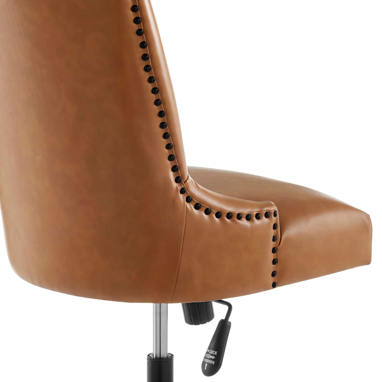 Tan vegan leather upholstery with bold nailhead trim following the gentle curve of the chair back || EEI-4577-BLK-TAN || detail_studio