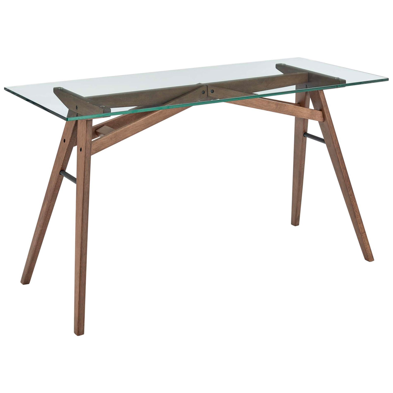 Tempered glass surface and splayed walnut legs create a light, modern desk silhouette || EEI-4580-WAL || front_angle_studio