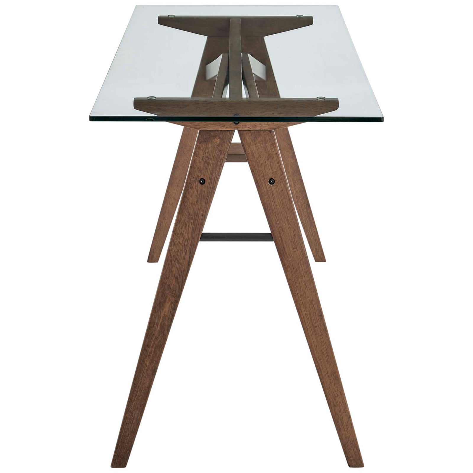 Slim profile with A-frame trestle design and sturdy cross-bracing under a clear glass top || EEI-4580-WAL || side_studio