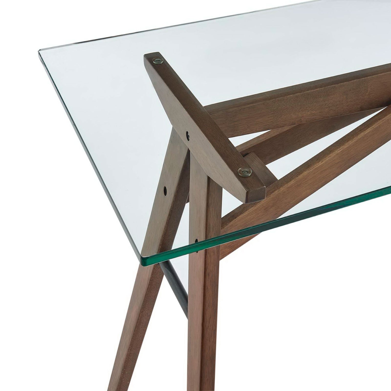 Clean glass corner detailing and powder-coated hardware accent the warm walnut veneer || EEI-4580-WAL || detail_studio
