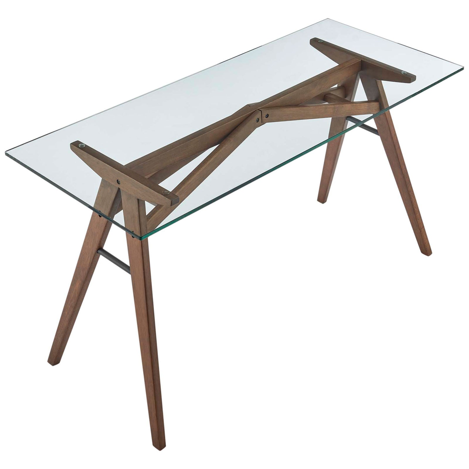Expansive tempered glass tabletop reveals the sculptural walnut trestle frame beneath || EEI-4580-WAL || top_angle_studio