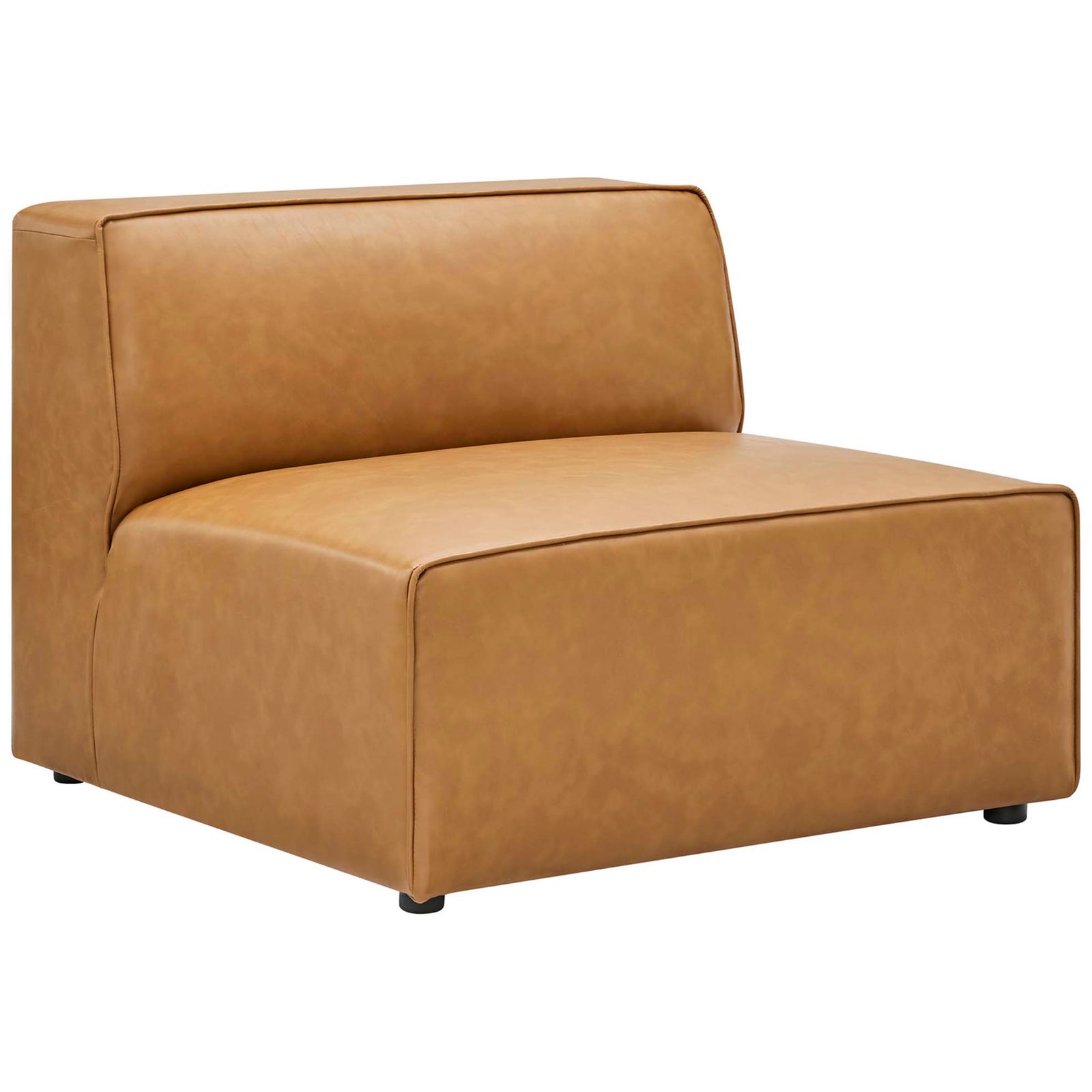 Tan vegan leather armless chair with clean piping and a generously deep, lounge-ready seat || EEI-4623-TAN || front_angle_studio