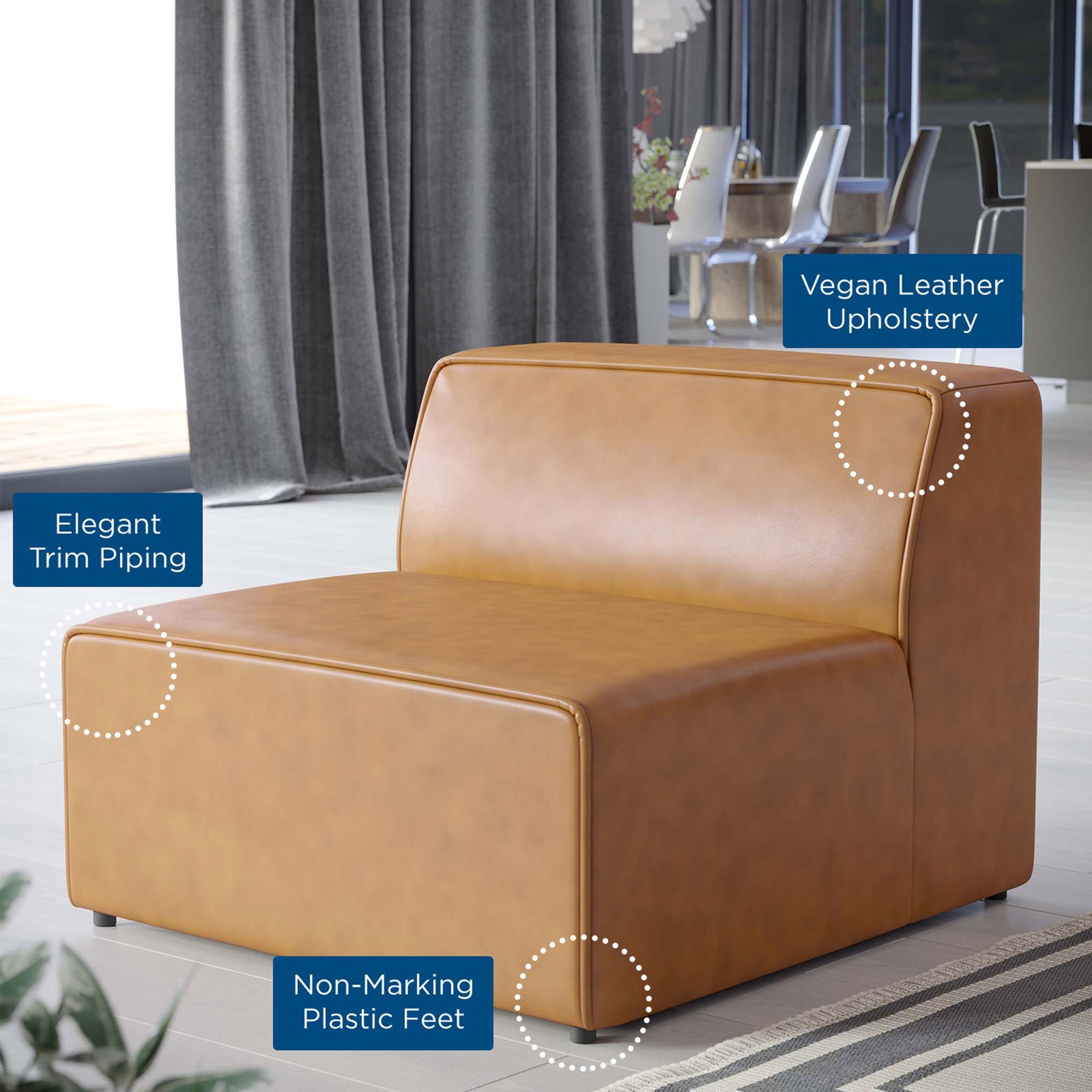 Versatile modular seating in tan vegan leather, styled for contemporary living spaces || EEI-4623-TAN || callout_room