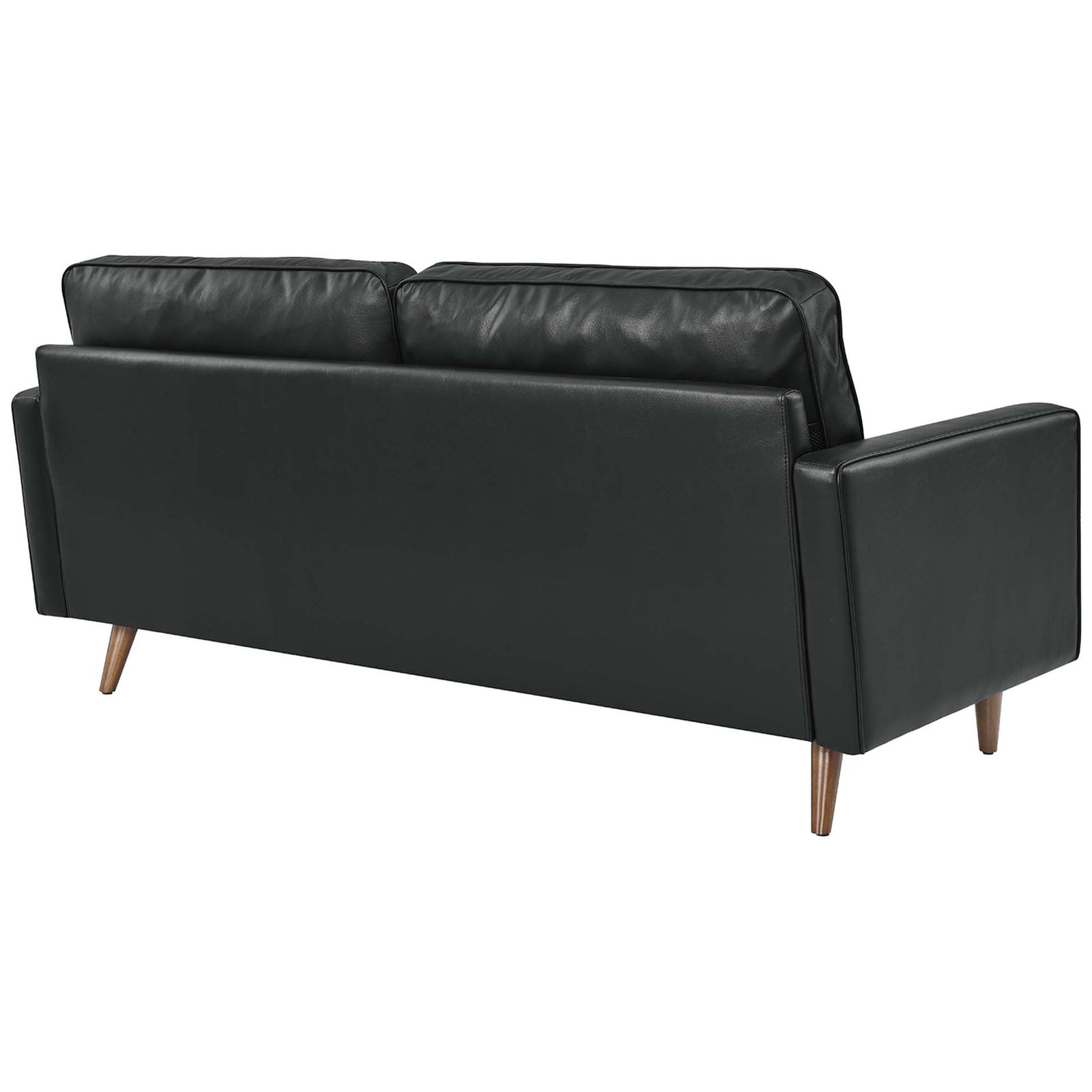 Fully upholstered black leather back and clean lines let this 73 inch Valour sofa look polished from every angle. || EEI-4633-BLK || back_angle_studio