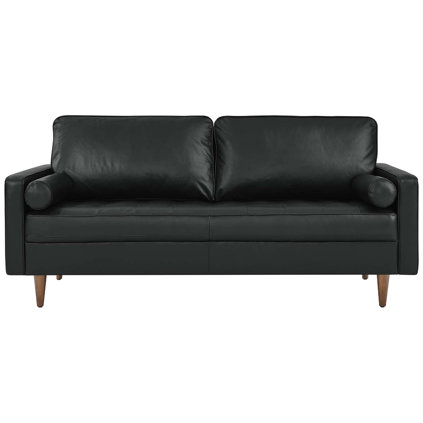 Sleek 73 inch black leather Valour sofa with tufted seat, bolster pillows, and walnut tapered legs. || EEI-4633-BLK || front_studio