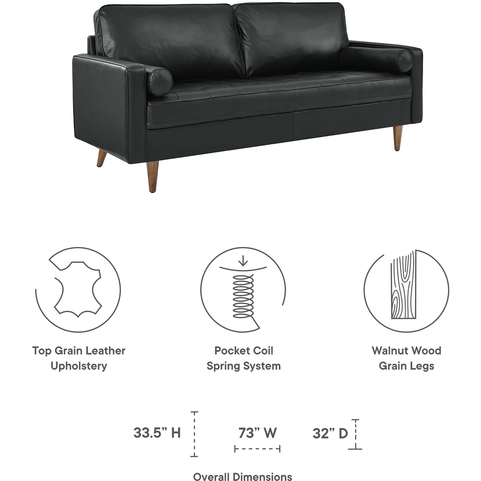 Valour 73 inch black leather sofa with pocket coil spring support, walnut wood legs, and clearly labeled dimensions. || EEI-4633-BLK || dimension_studio