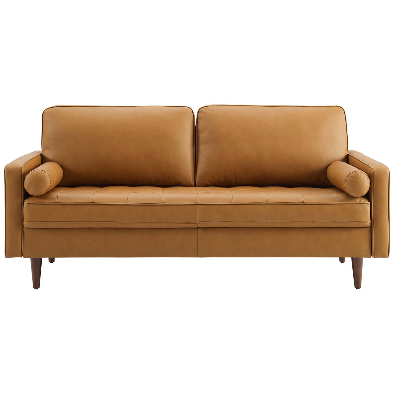 Compact tan leather sofa with plush back cushions and a tufted bench seat || EEI-4633-TAN || front_studio