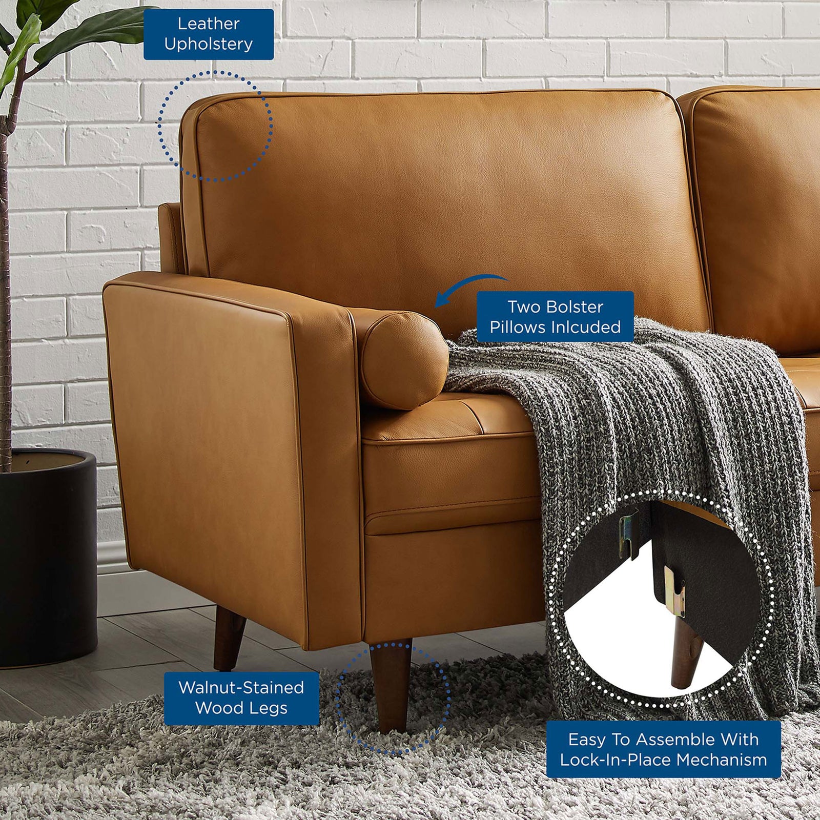 Tan leather sofa highlighting bolster pillows, walnut-stained wood legs, and easy assembly design || EEI-4633-TAN || callout_room