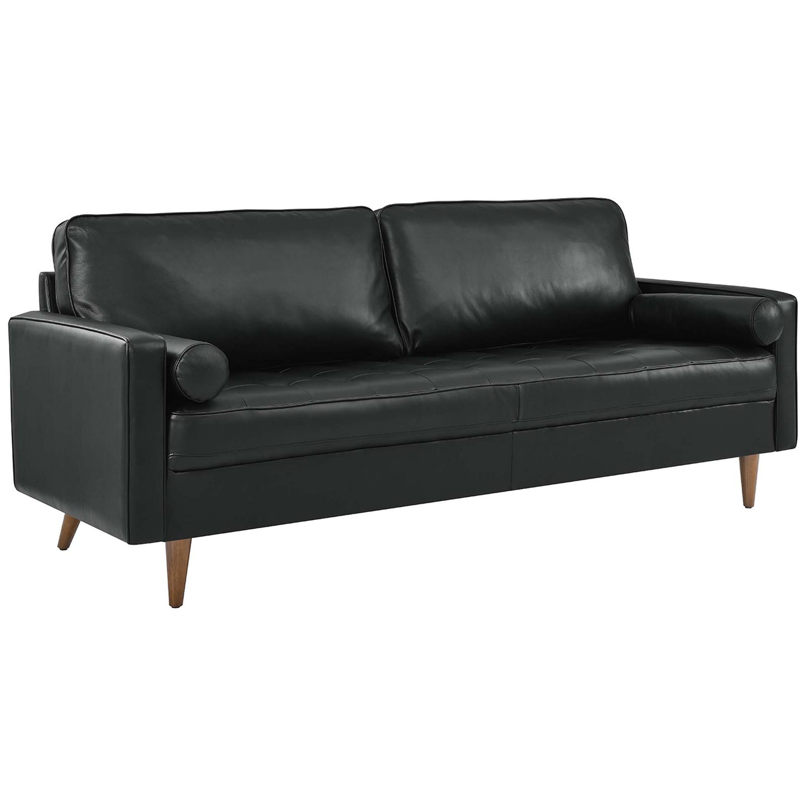 Generous 81 inch black leather Valour sofa offers deep three seat comfort with supportive back cushions and bolsters. || EEI-4634-BLK || front_angle_studio