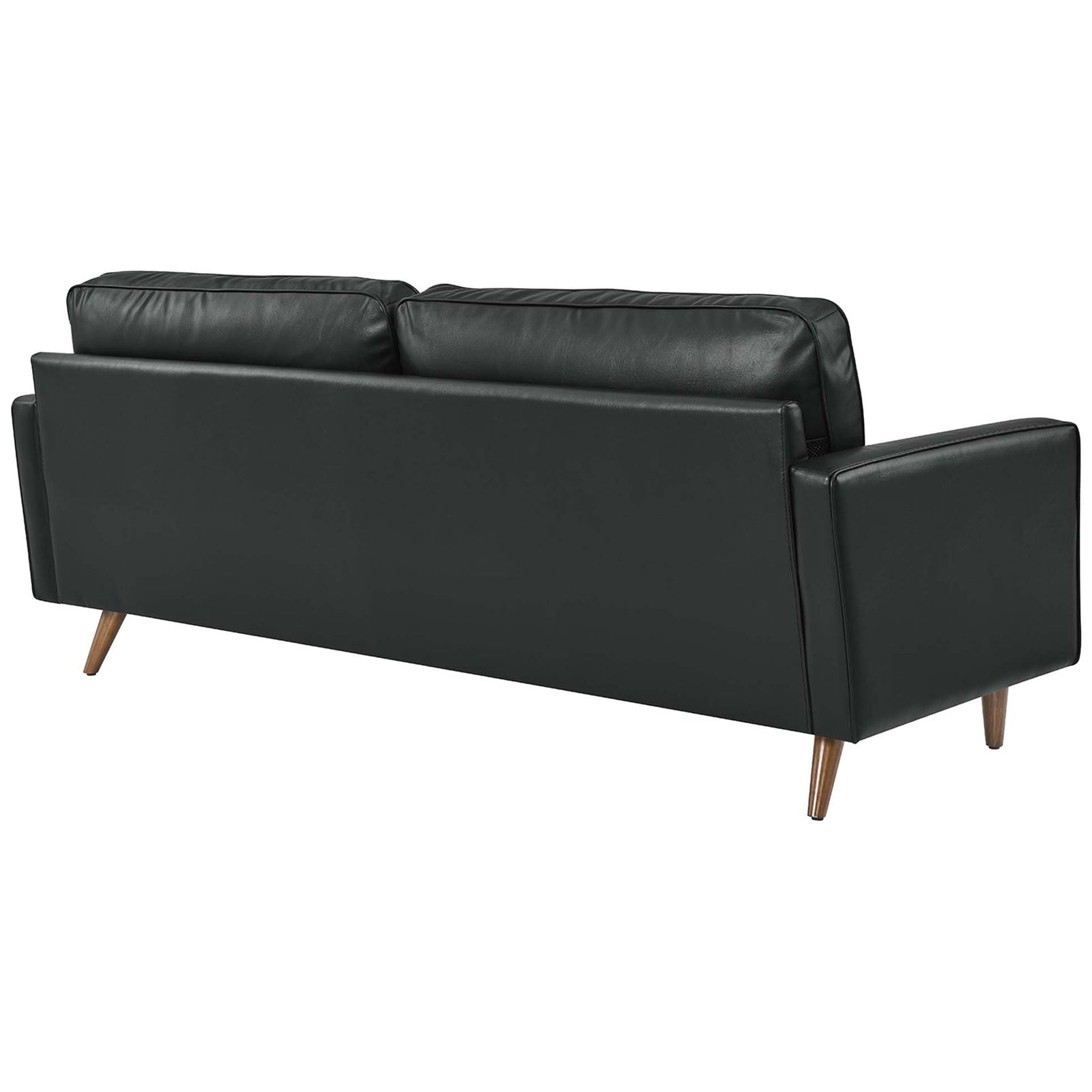 Neatly tailored black leather back and slim silhouette let this 81 inch Valour sofa float beautifully in open spaces. || EEI-4634-BLK || back_angle_studio