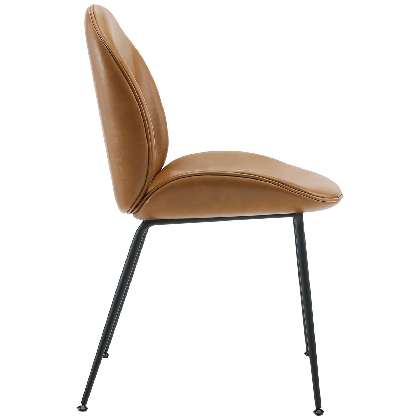 Tan vegan leather Scoop dining chair with gently reclined back and tapered black steel legs || EEI-4636-TAN || side_studio