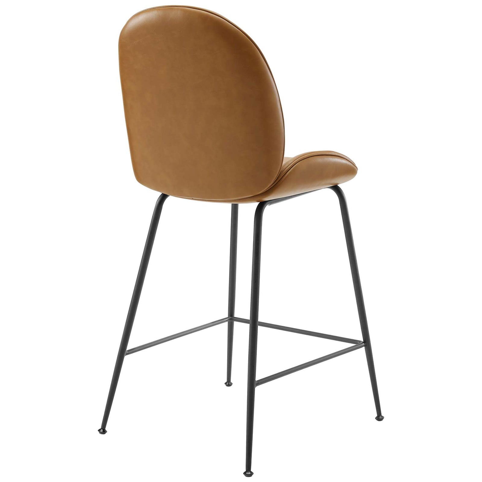 Softly rounded back and neat tan vegan leather tailoring over a slim, black powder-coated frame || EEI-4638-TAN || back_angle_studio